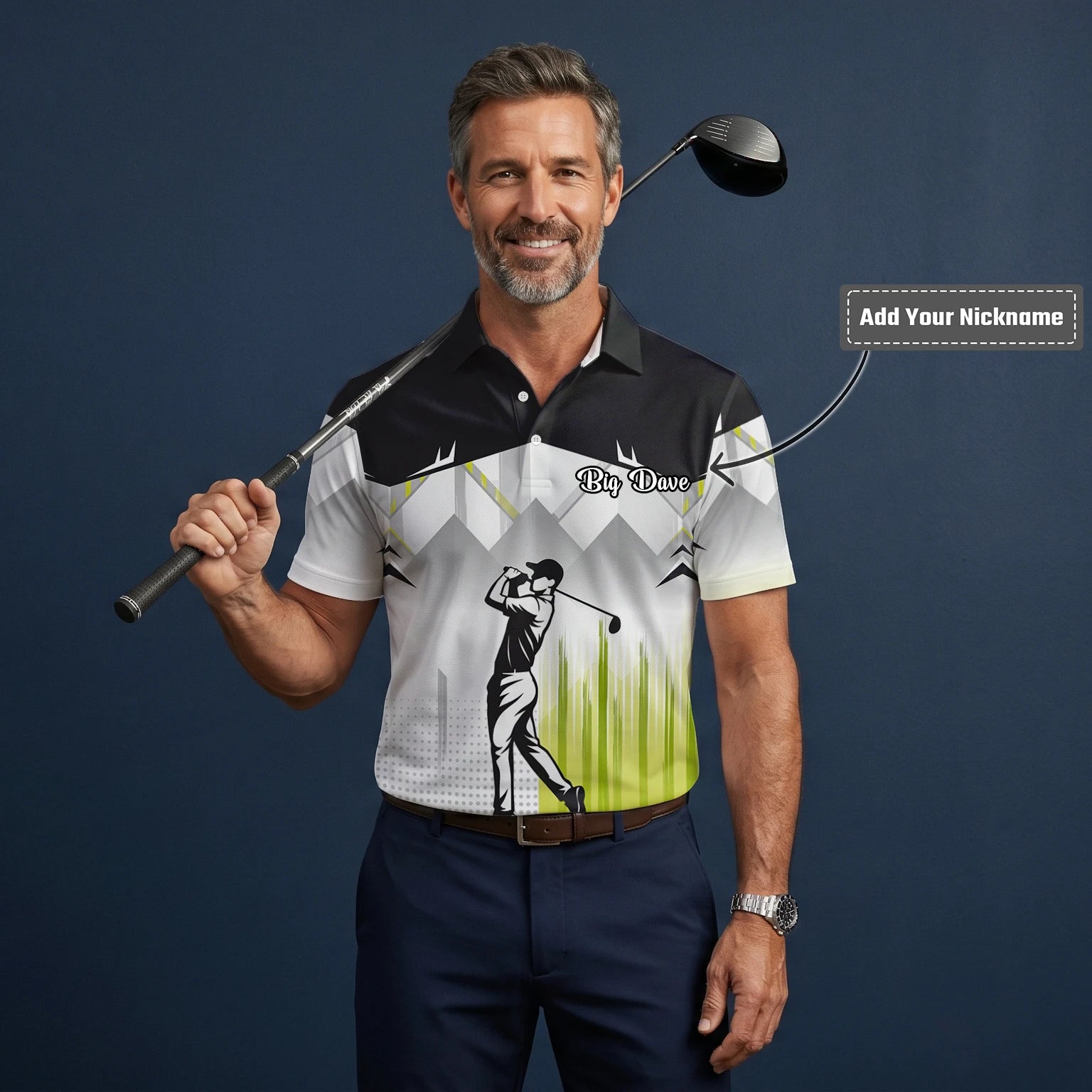 Personalised Black Grey Lime Golfer Silhouette Golf Polo Shirt For Men F4552