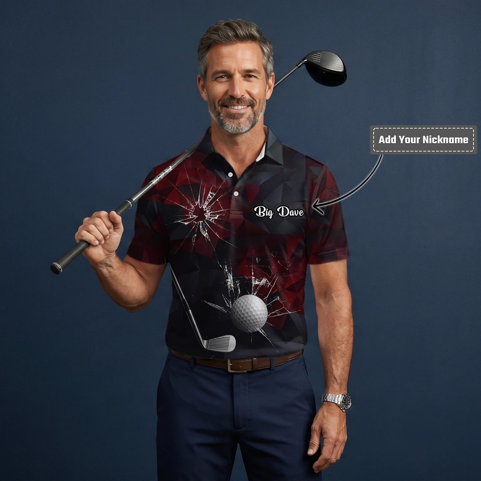 Personalised Black Burgundy Shattered Glass Golf Ball Golf Polo Shirt For Men R4354