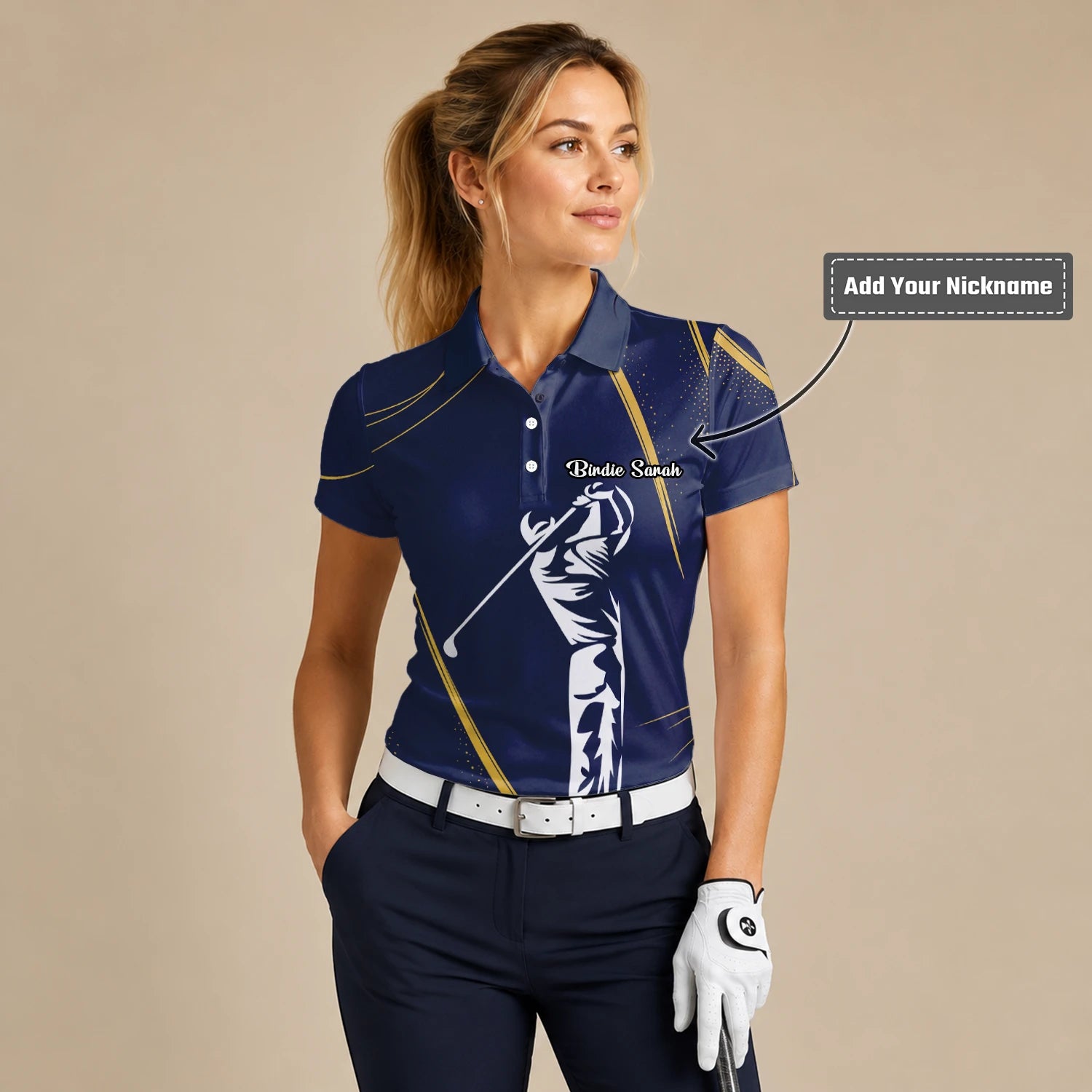Personalised Navy Gold Golfer Swing Silhouette Golf Polo Shirt For Women A1639