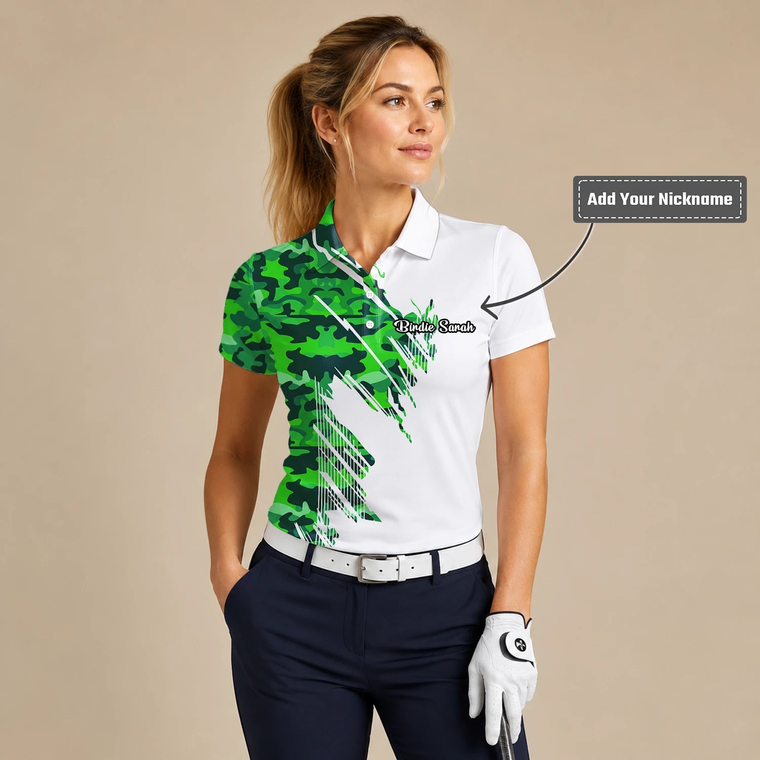 Personalised White Green Camo Brush Stripe Golf Polo Shirt For Women E9788