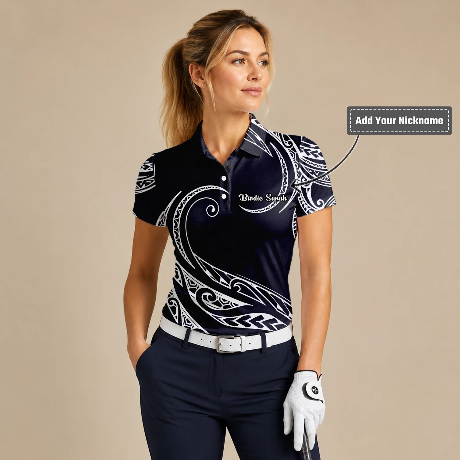Personalised Black White Tribal Wave Golf Polo Shirt For Women R9560