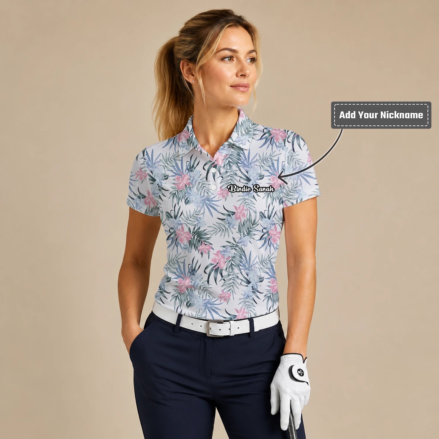 Personalised White Pink Tropical Floral Leaf Golf Polo Shirt For Women C1037