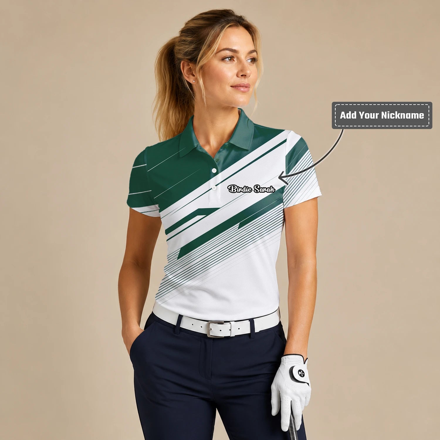 Personalised Green White Abstract Stripe Golf Polo Shirt For Women E5041