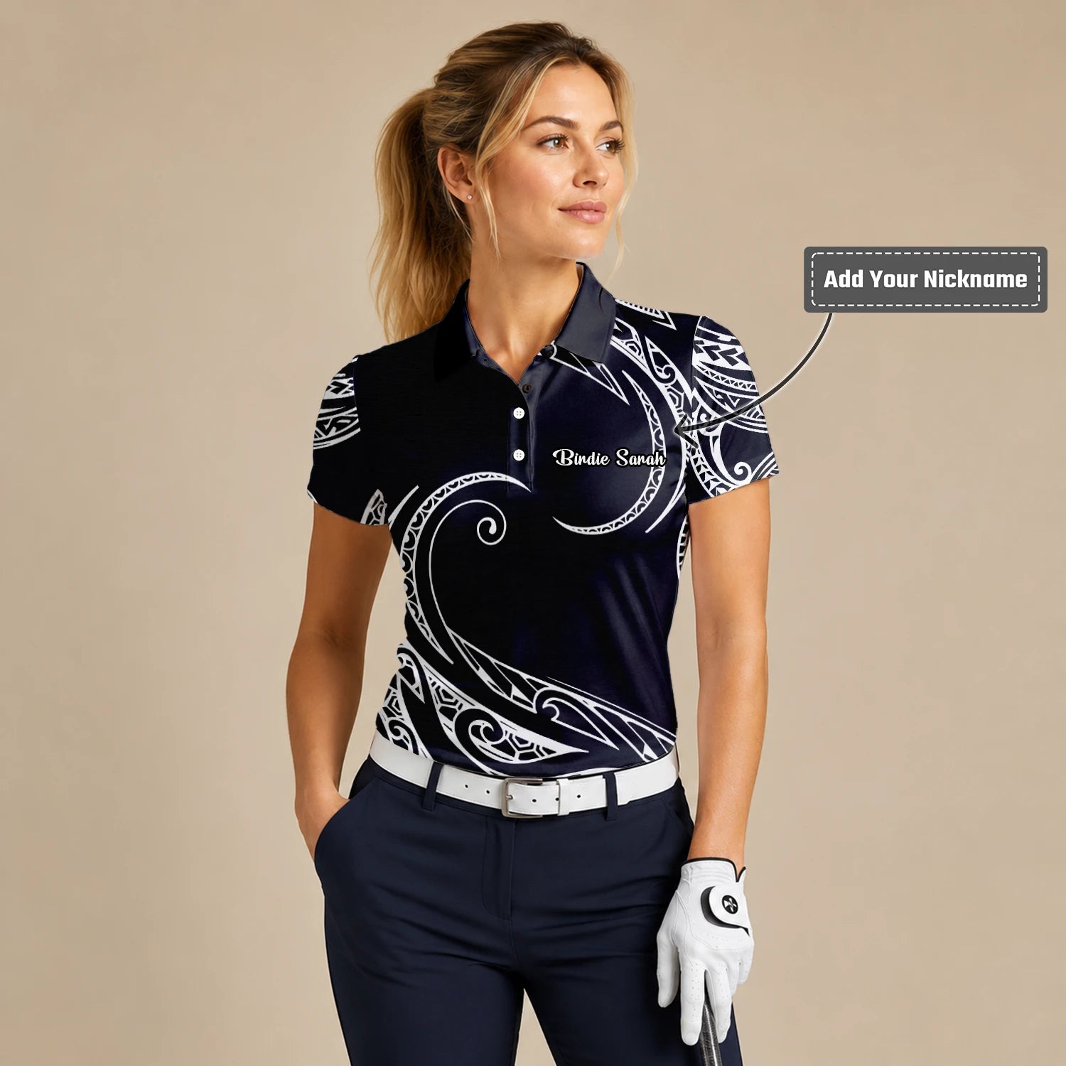 Personalised Black White Tribal Wave Golf Polo Shirt For Women R9560