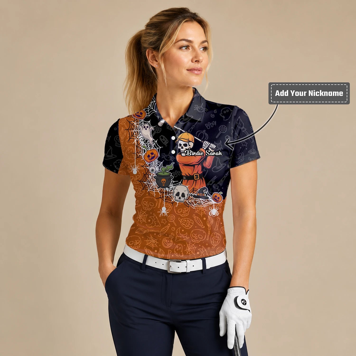 Personalised Black Orange Halloween Skeleton Golfer Web Golf Polo Shirt For Women Y5076