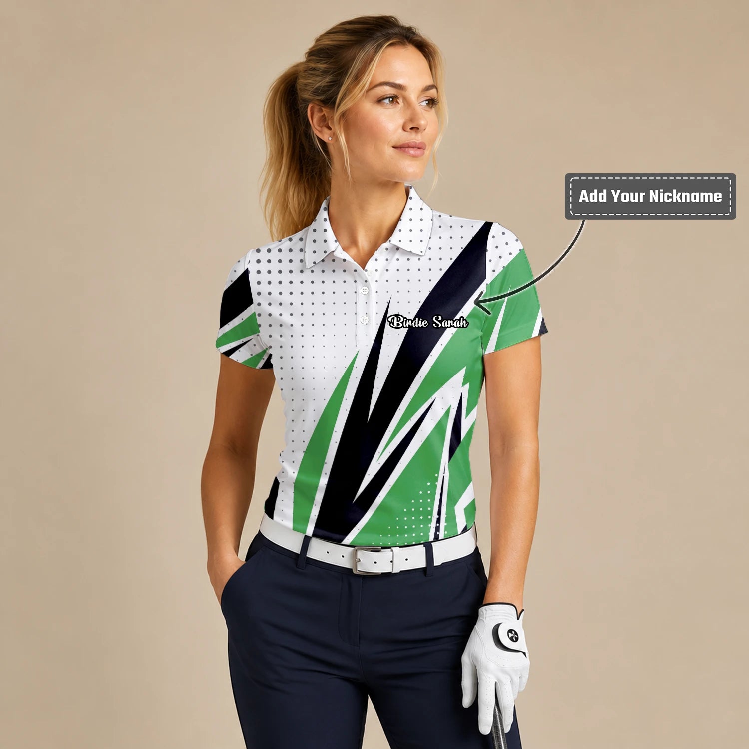 Personalised White Green Black Abstract Stripe Golf Polo Shirt For Women C9494