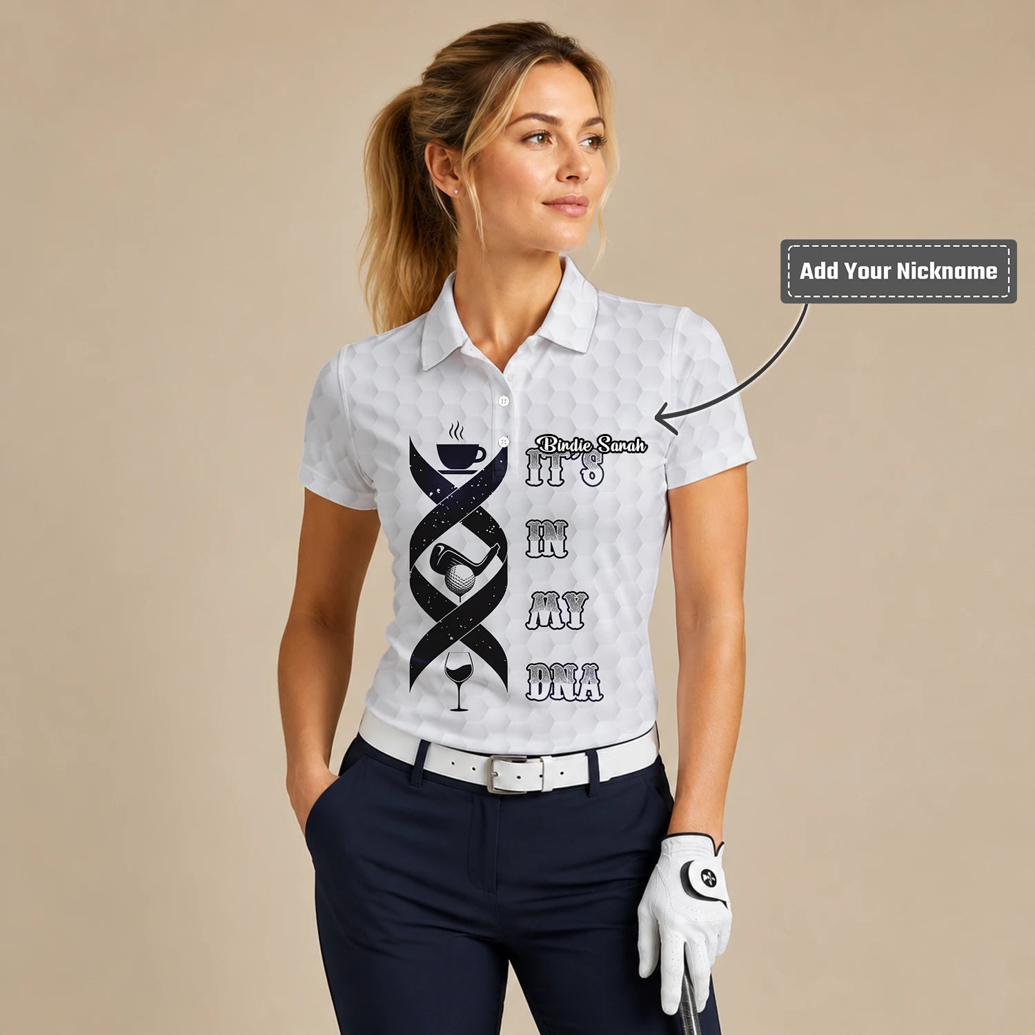 Personalised White Golf In My DNA Slogan Golf Polo Shirt For Women W3018