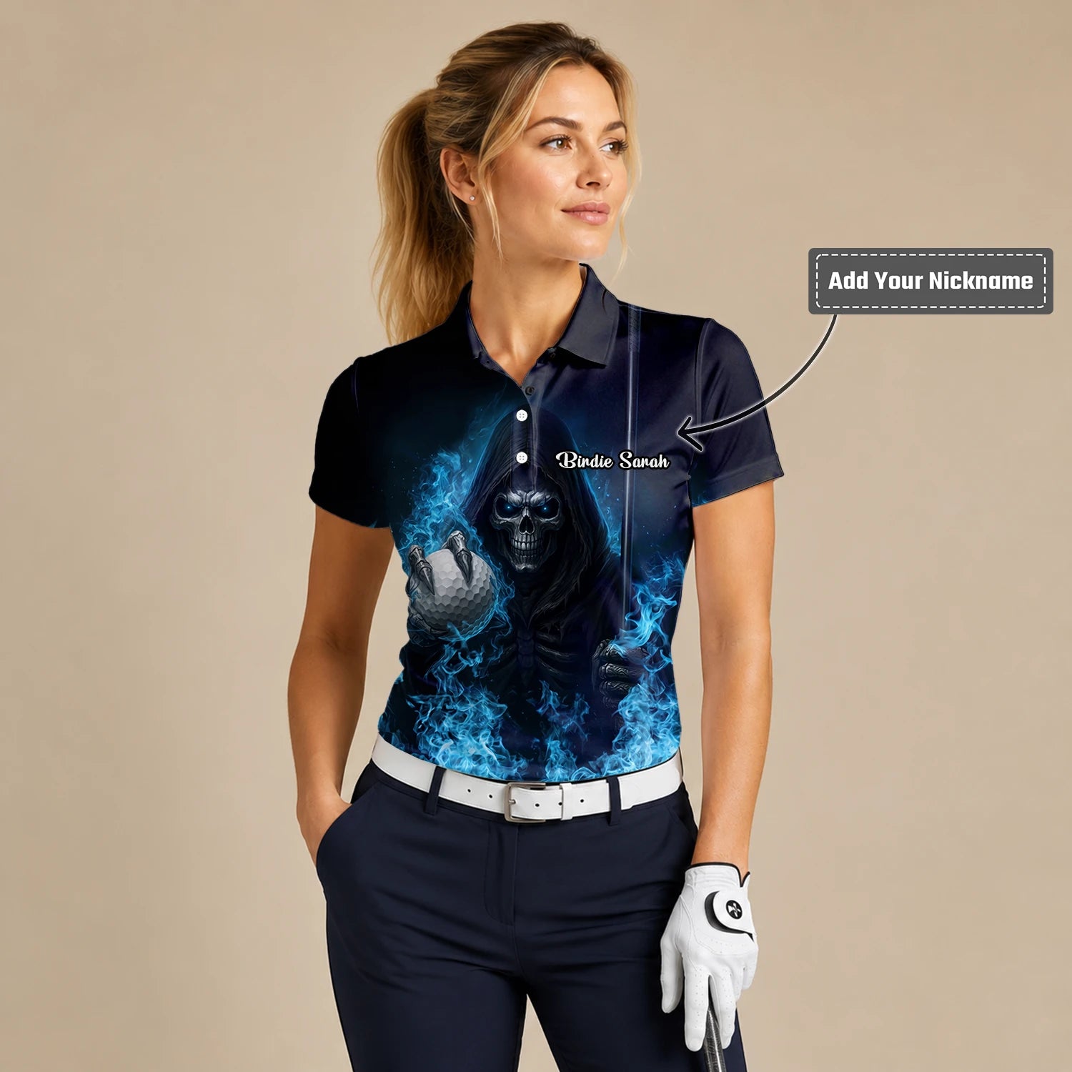 Personalised Black Blue Skull Golf Ball Lightning Golf Polo Shirt For Women N0793