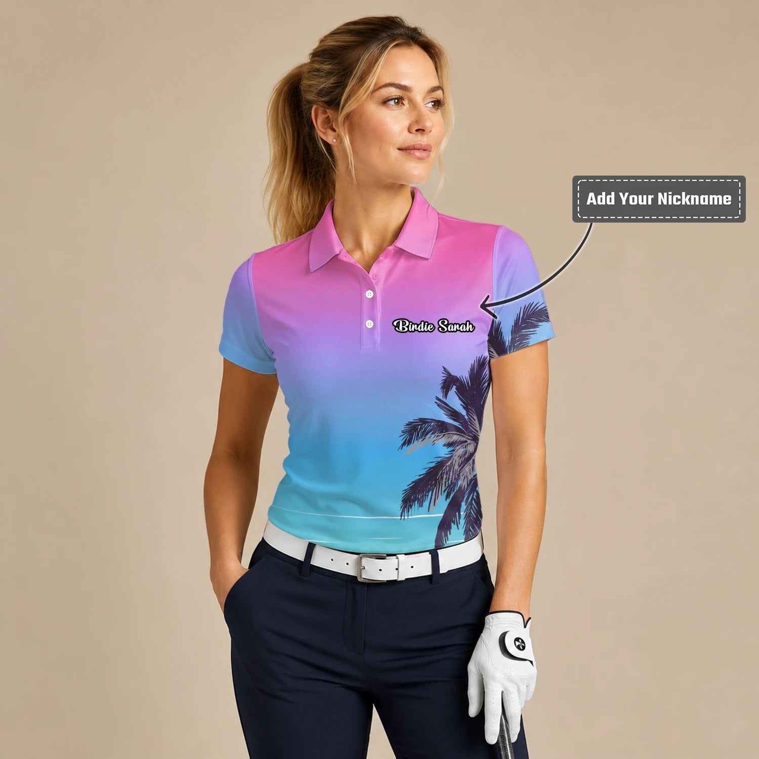 Personalised Pink Blue Palm Beach Sunset Golf Polo Shirt For Women Q3519