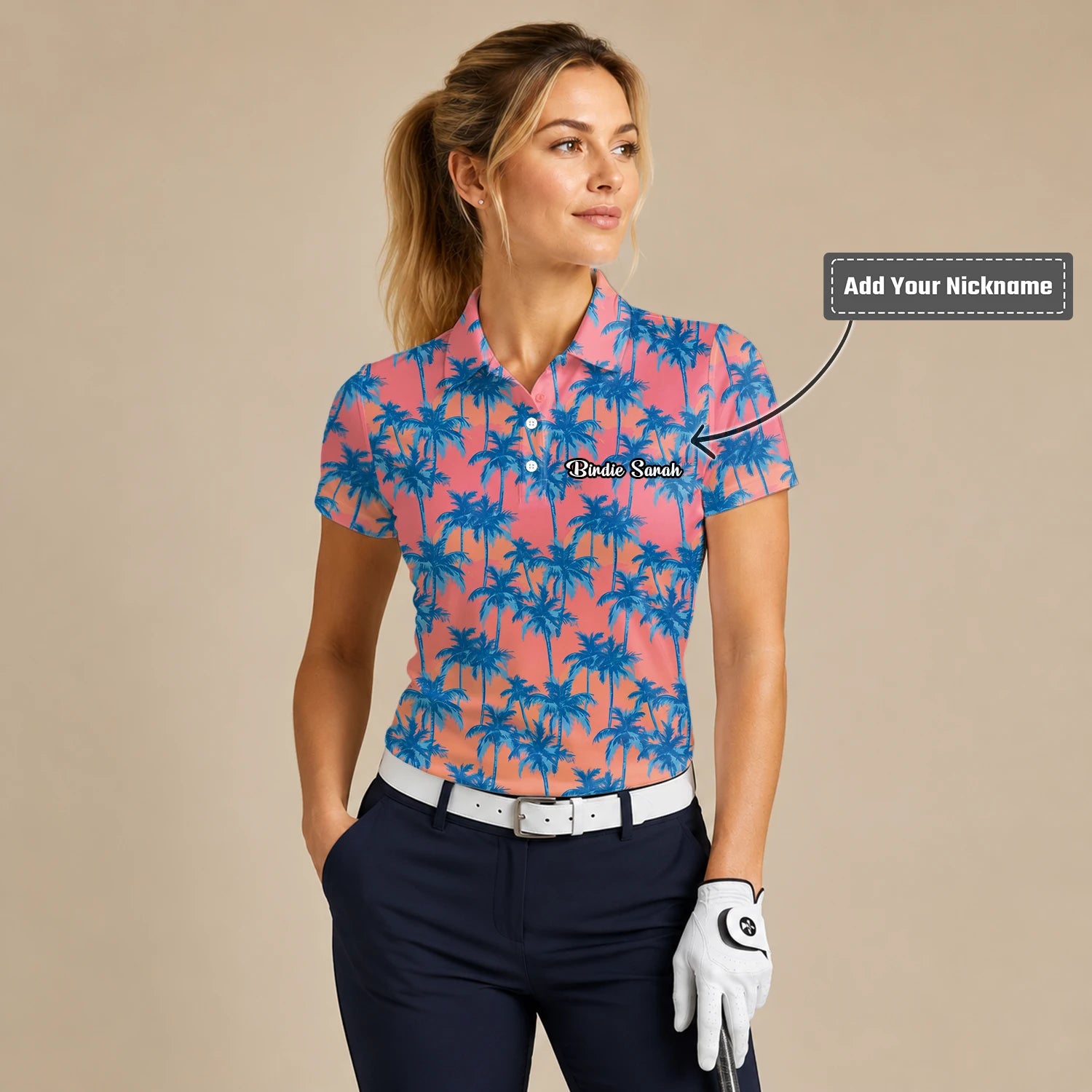 Personalised Coral Pink Blue Palm Tree Golf Polo Shirt For Women A5845