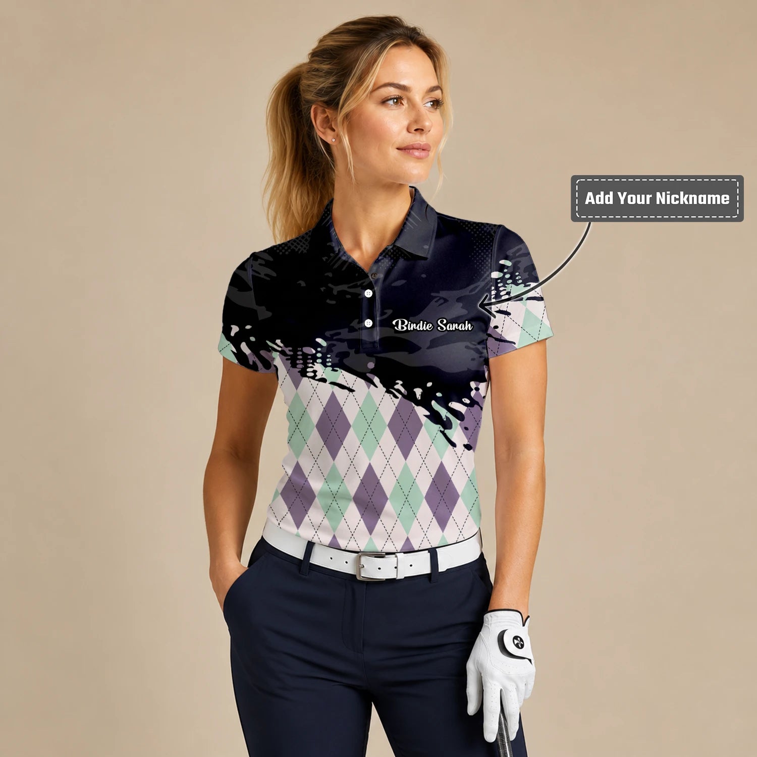 Personalised Black Mint Purple Argyle Paint Splash Golf Polo Shirt For Women C5124