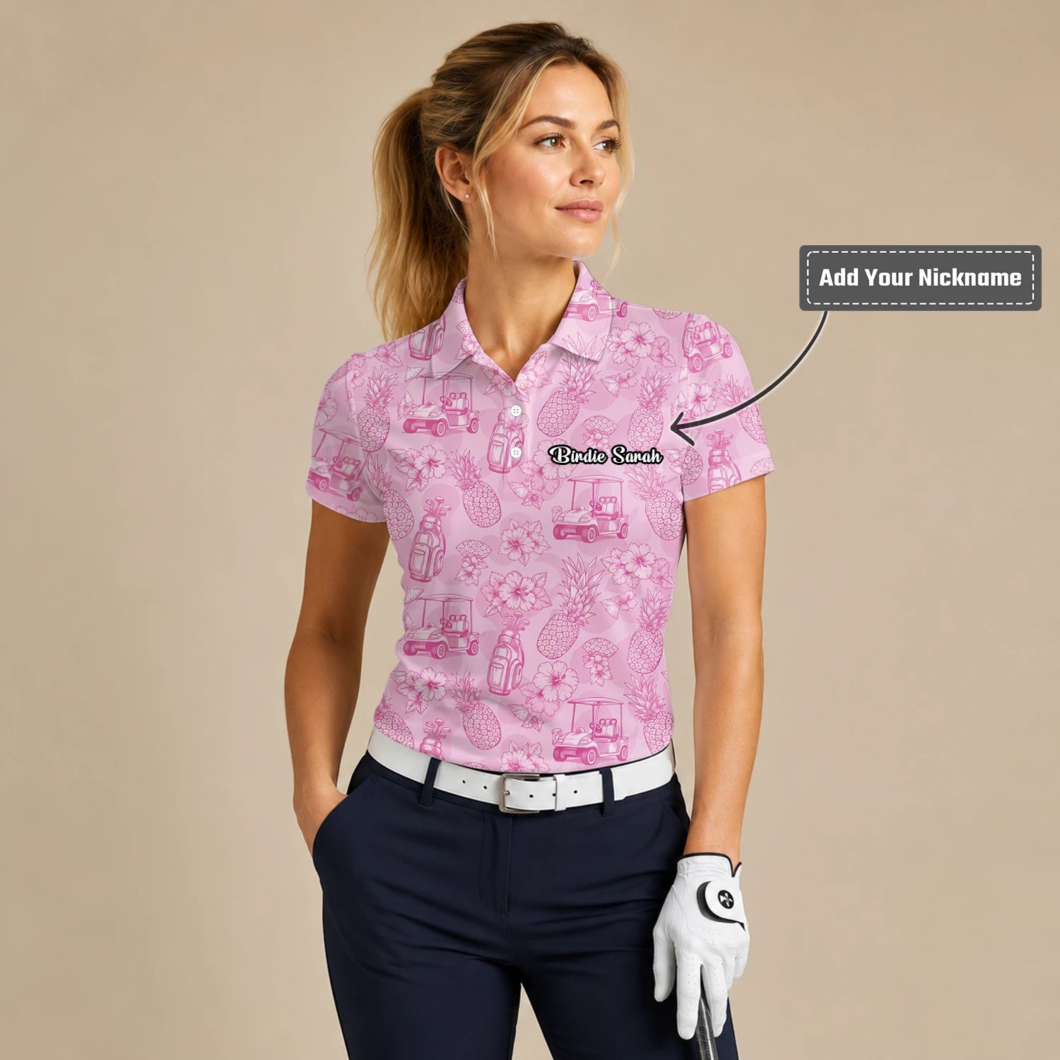 Personalised Pink Golf Cart Floral Toile Golf Polo Shirt For Women T8127