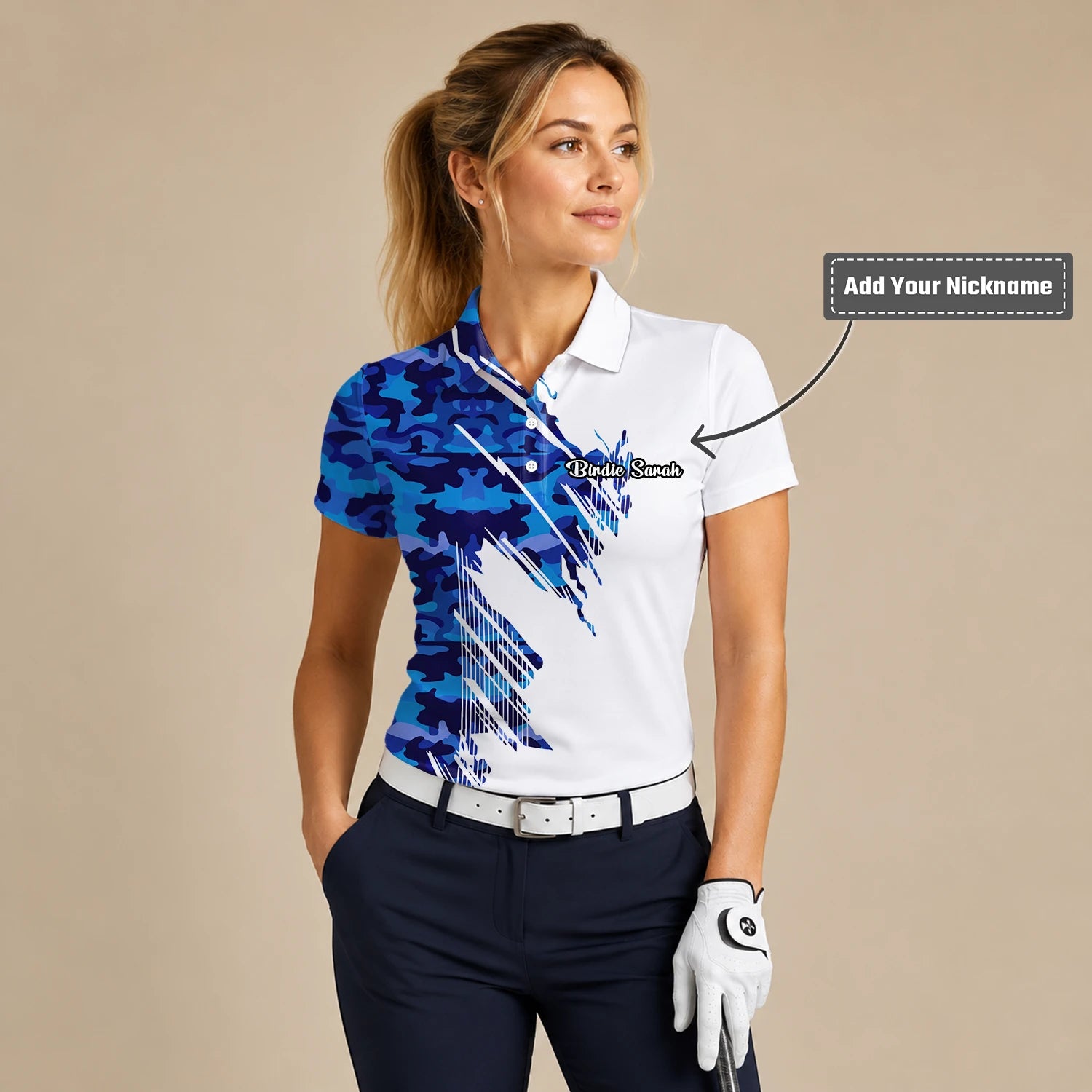 Personalised White Blue Camo Brush Stroke Golf Polo Shirt For Women M3845