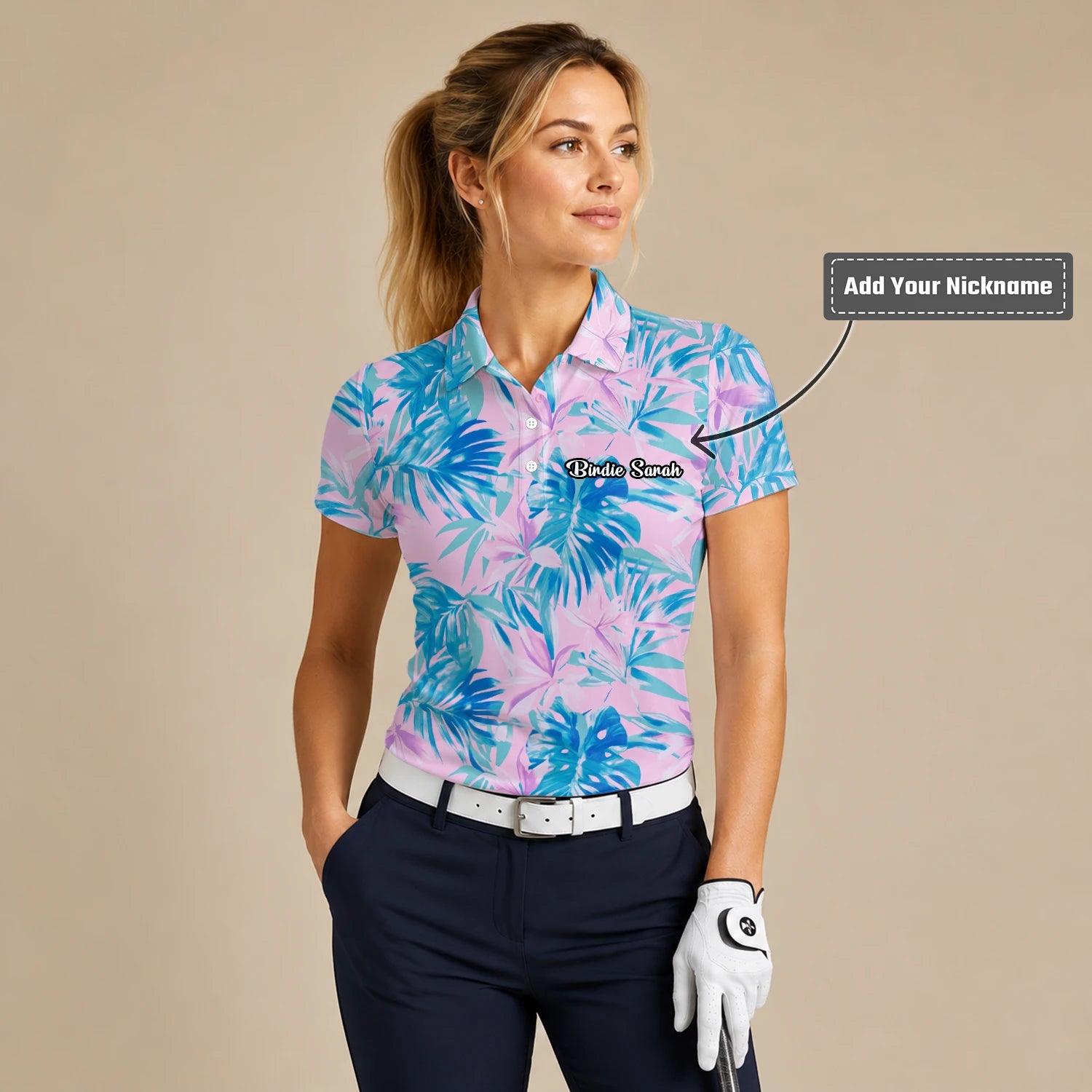 Personalised Pink Blue Tropical Leaf Golf Polo Shirt For Women K0497