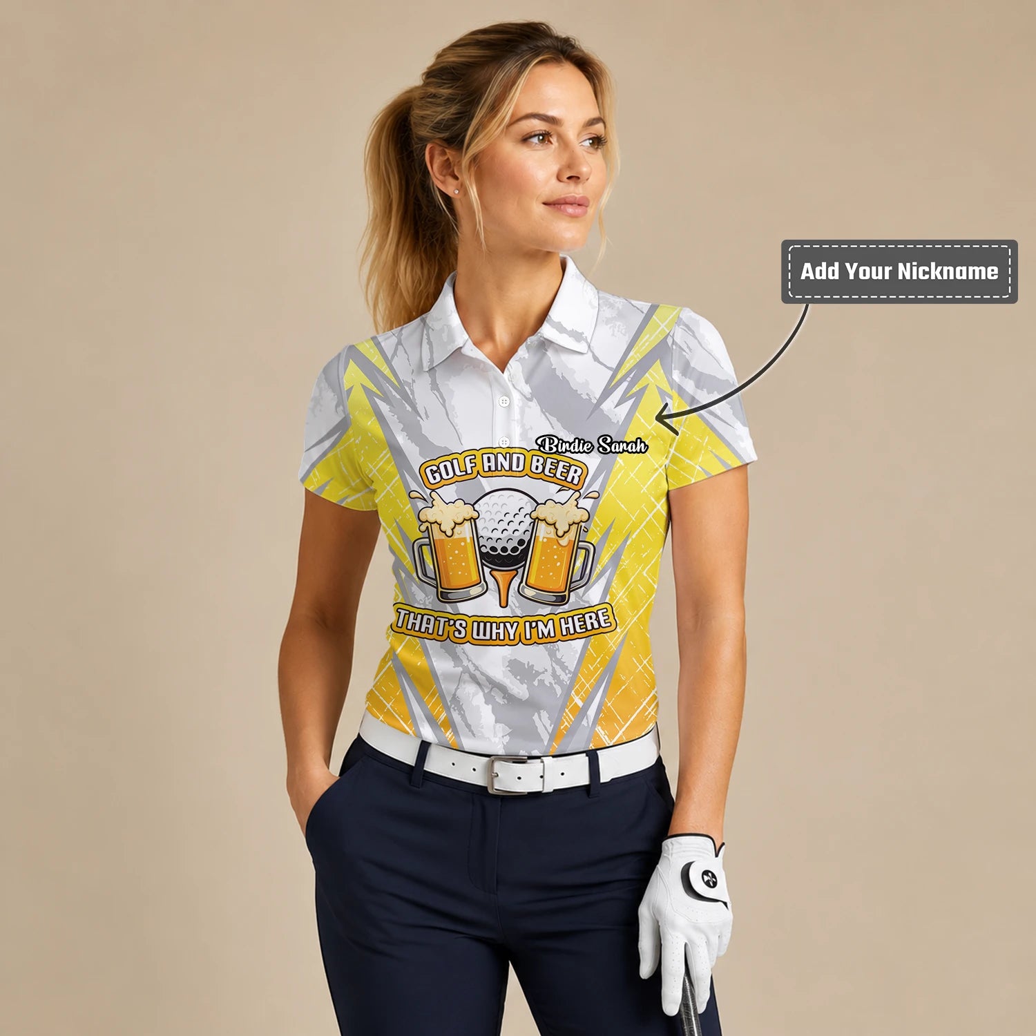Personalised Grey Yellow Golf And Beer Slogan Golf Polo Shirt For Women P2319