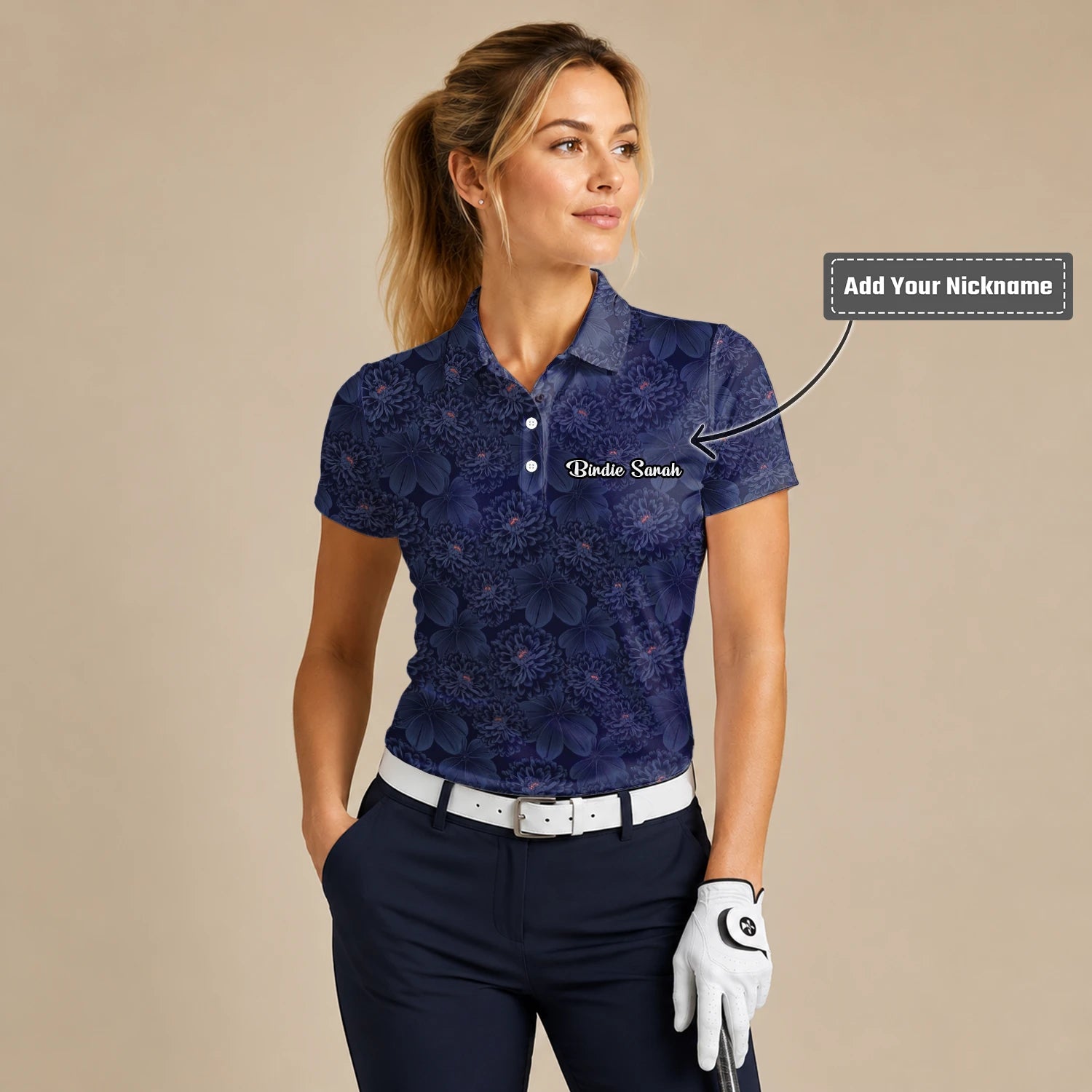 Personalised Dark Navy Chrysanthemum Floral Golf Polo Shirt For Women A0086