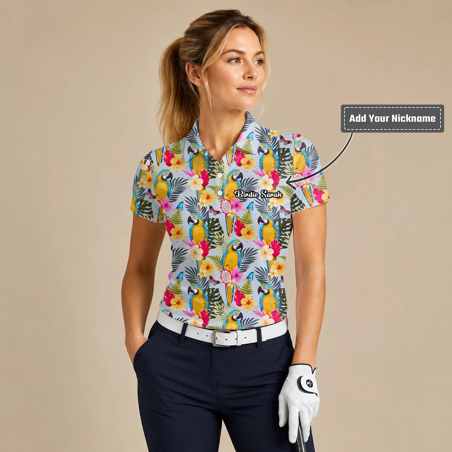 Personalised Cream Yellow Tropical Parrot Hibiscus Golf Polo Shirt For Women V2558