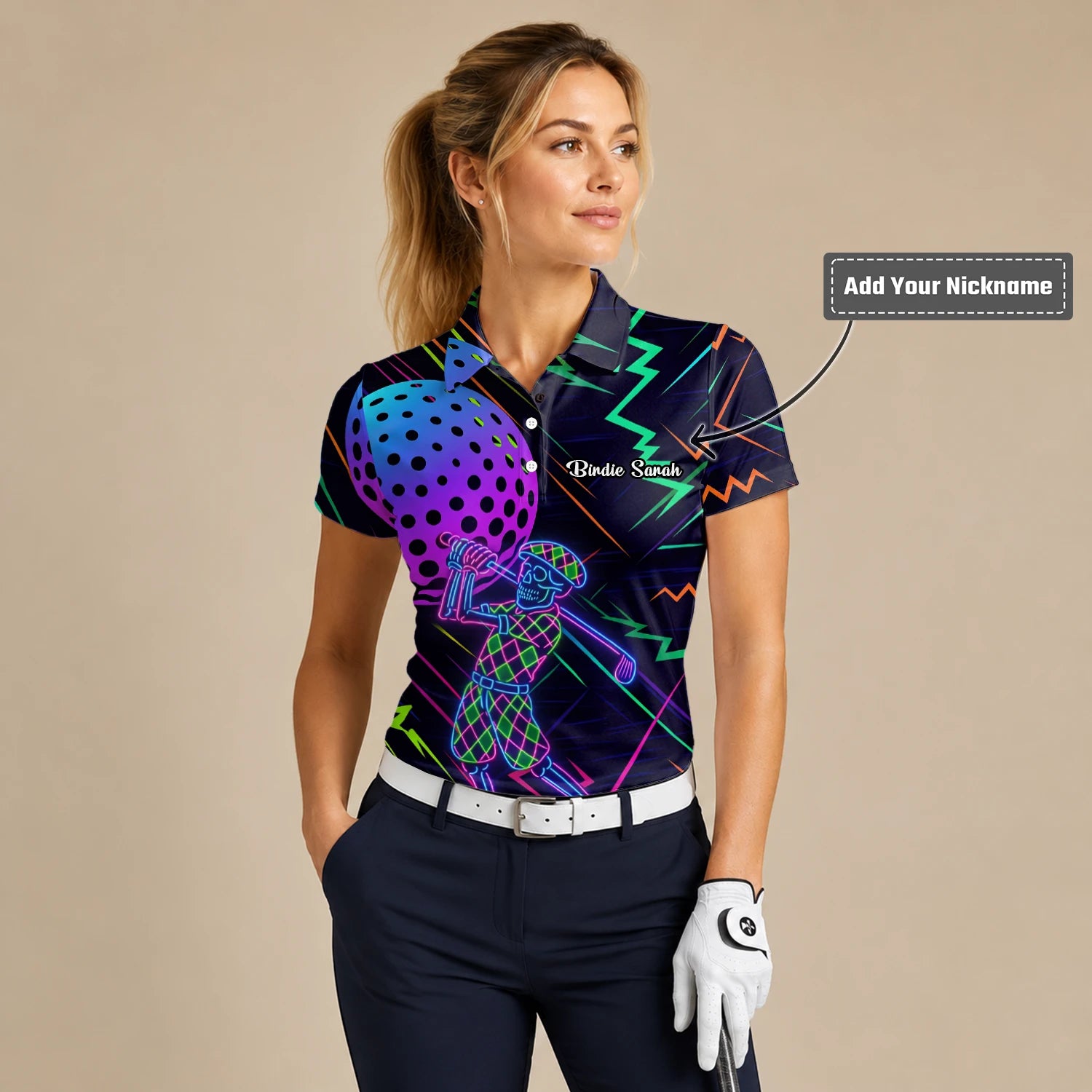 Personalised Black Neon Golfer Wireframe Golf Polo Shirt For Women L1481