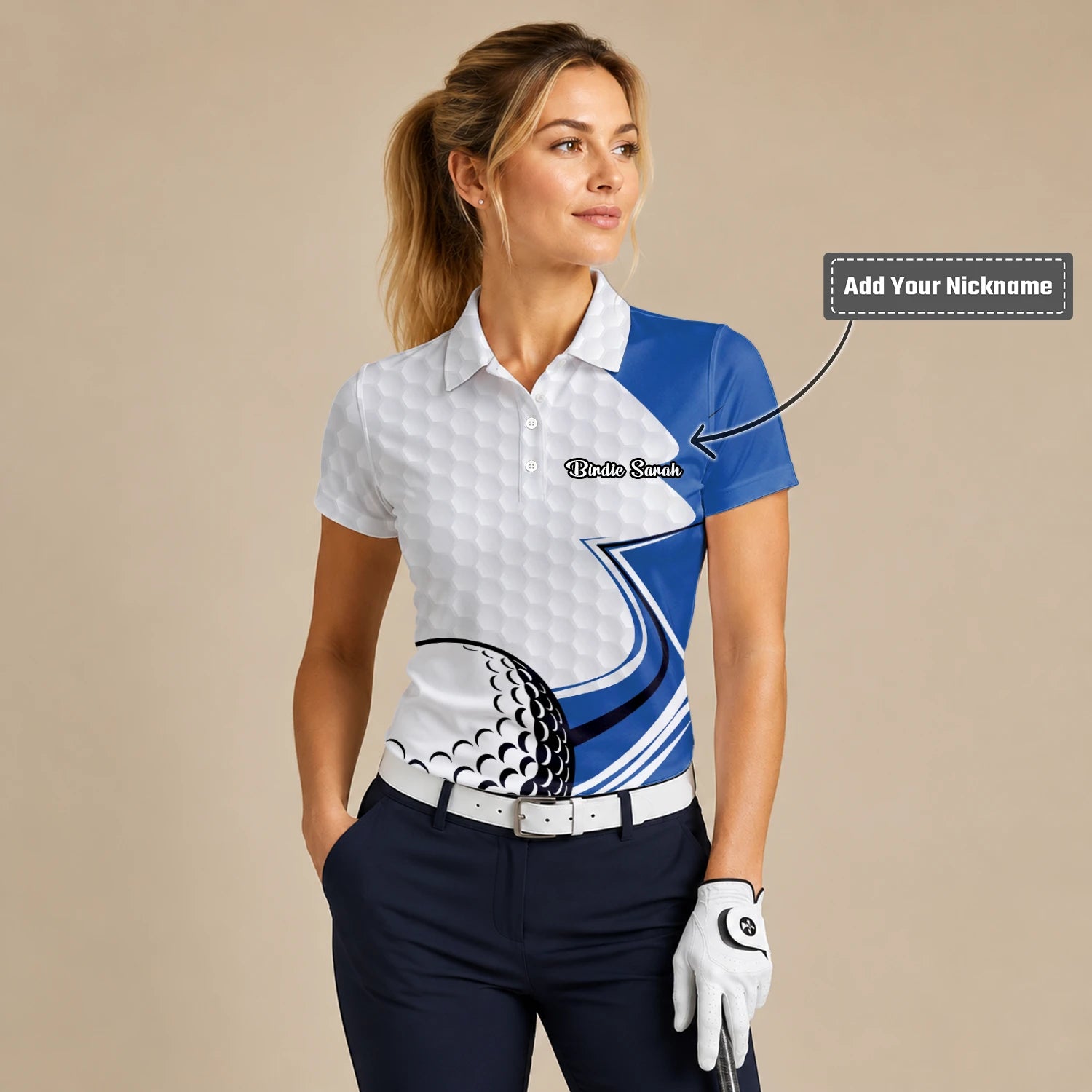 Personalised White Blue Golf Ball Hexagon Golf Polo Shirt For Women S7973