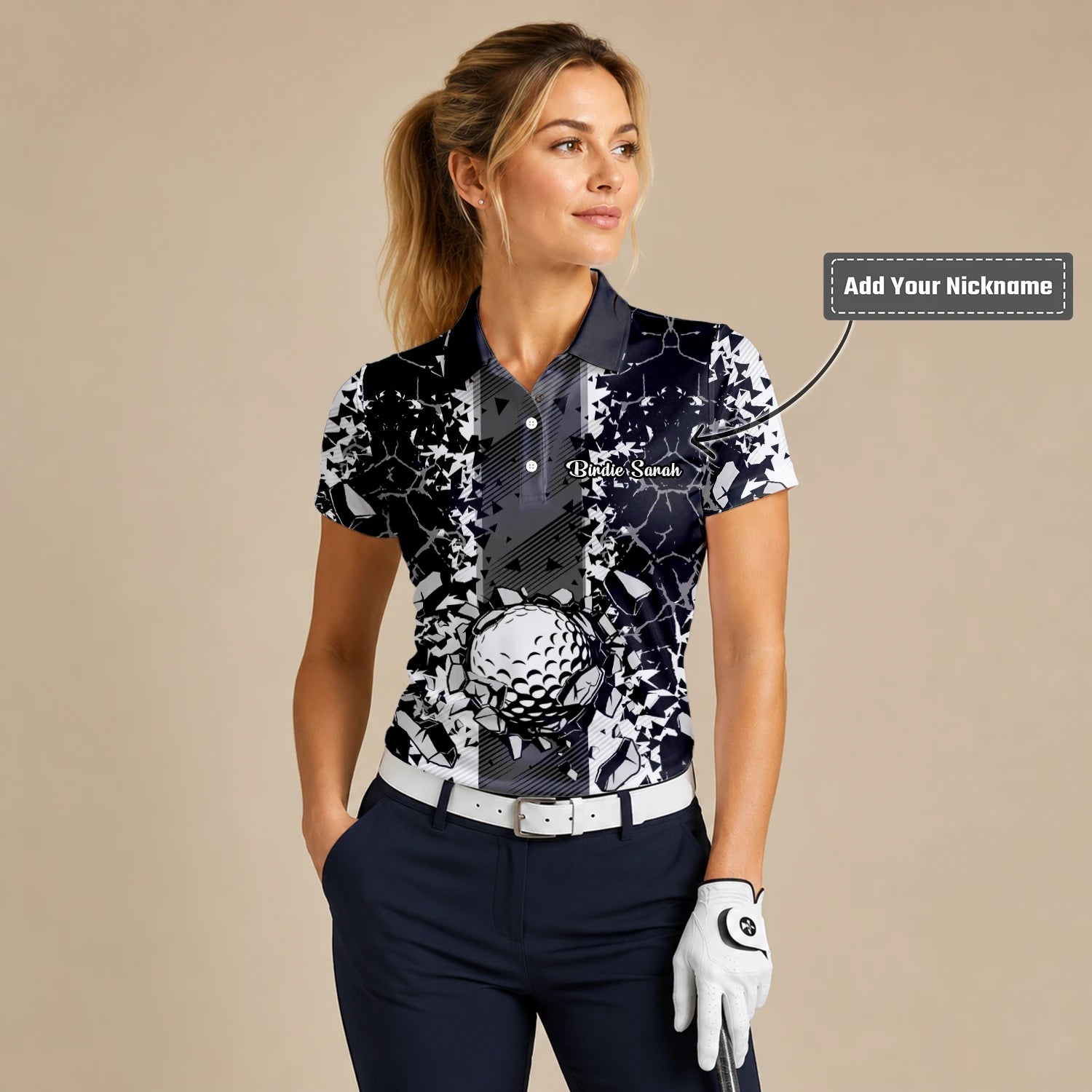 Personalised Black White Golf Ball Shattered Glass Golf Polo Shirt For Women F6407