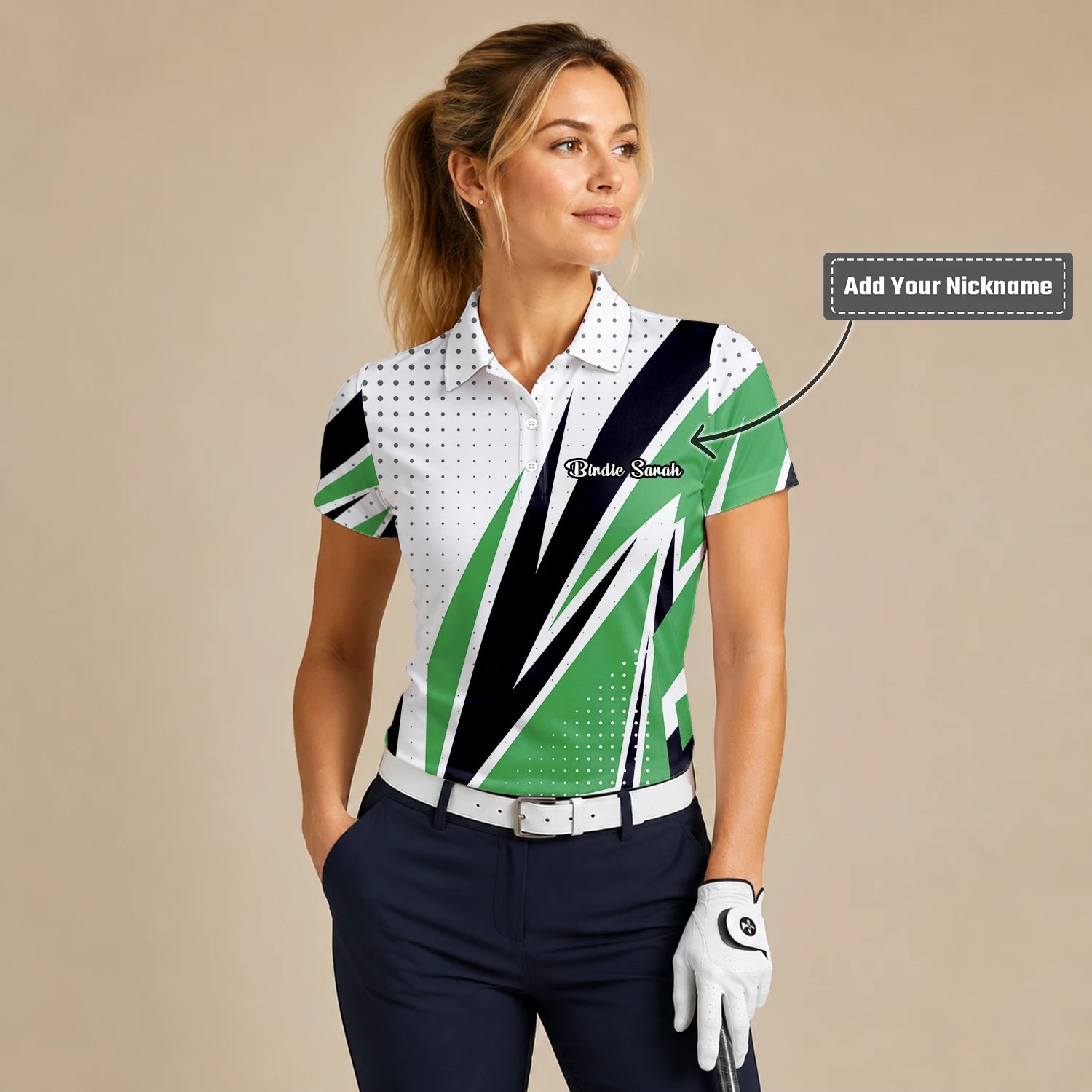 Personalised White Green Black Abstract Stripe Golf Polo Shirt For Women C9494