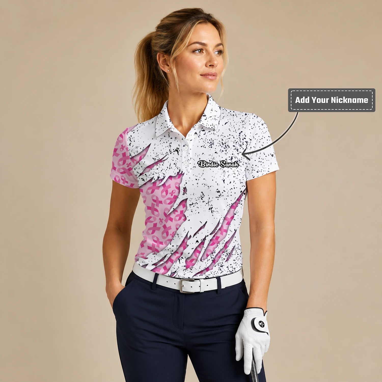 Personalised White Pink Breast Cancer Ribbon Torn Golf Polo Shirt For Women B7190