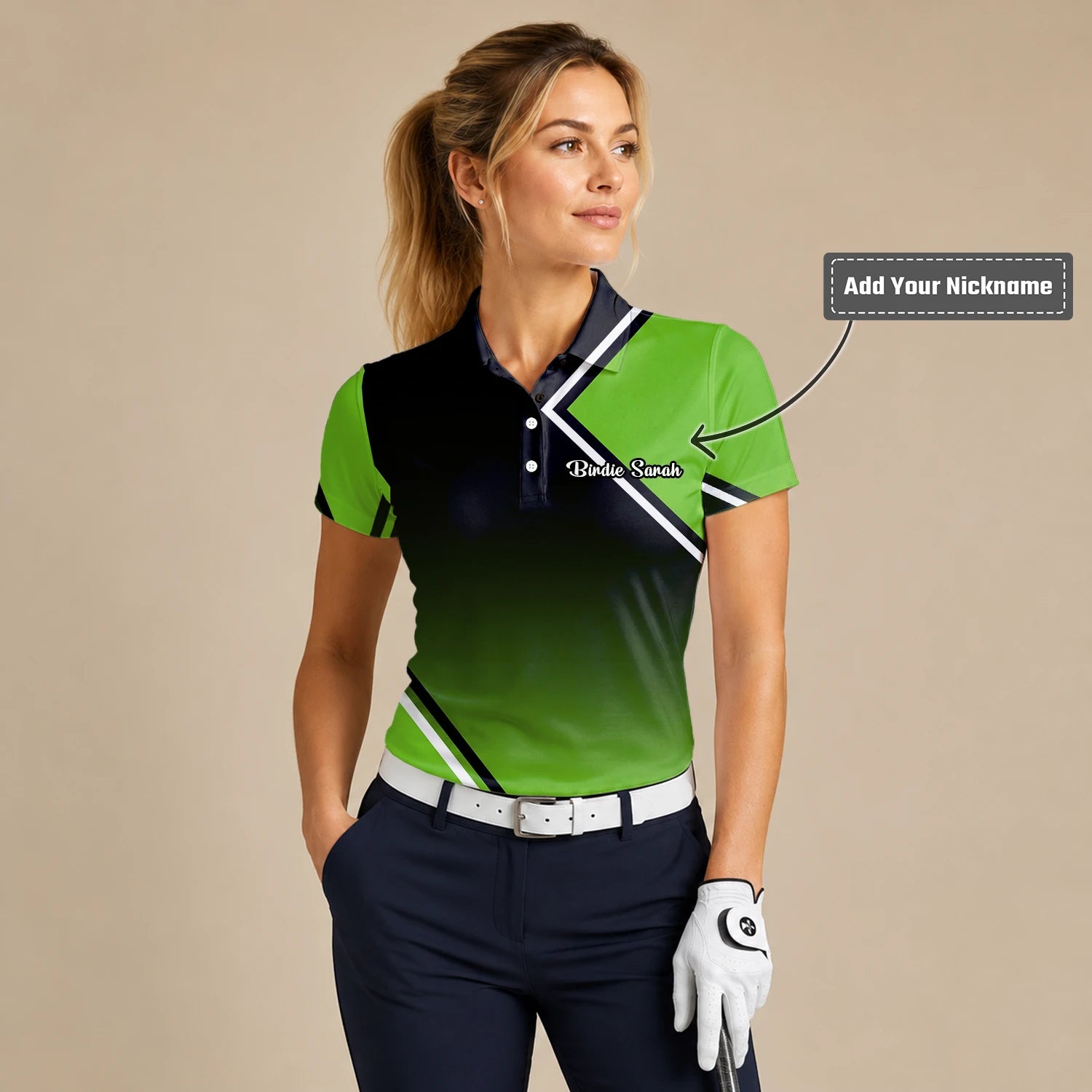 Personalised Black Green Geometric Stripe Golf Polo Shirt For Women V2638