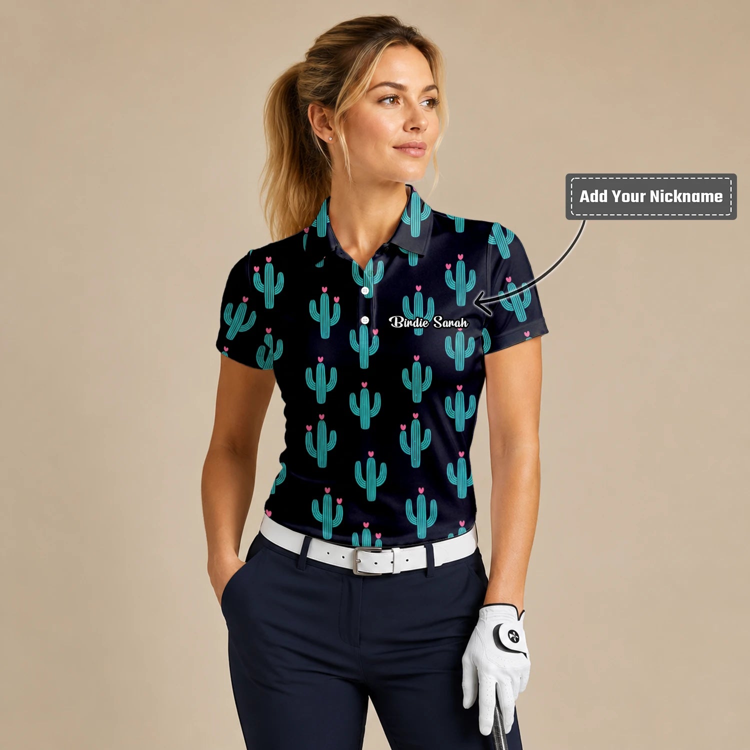 Personalised Black Turquoise Cactus Heart Golf Polo Shirt For Women L0709