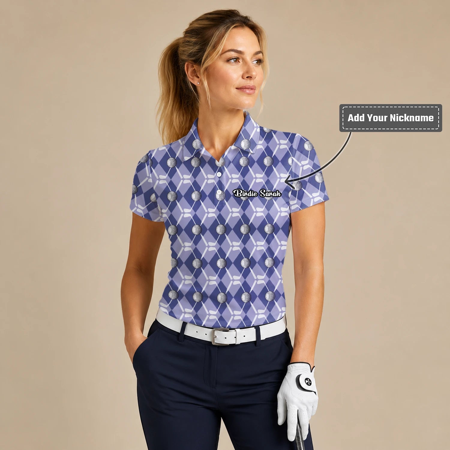 Personalised Blue Argyle Golf Ball Club Golf Polo Shirt For Women F3847