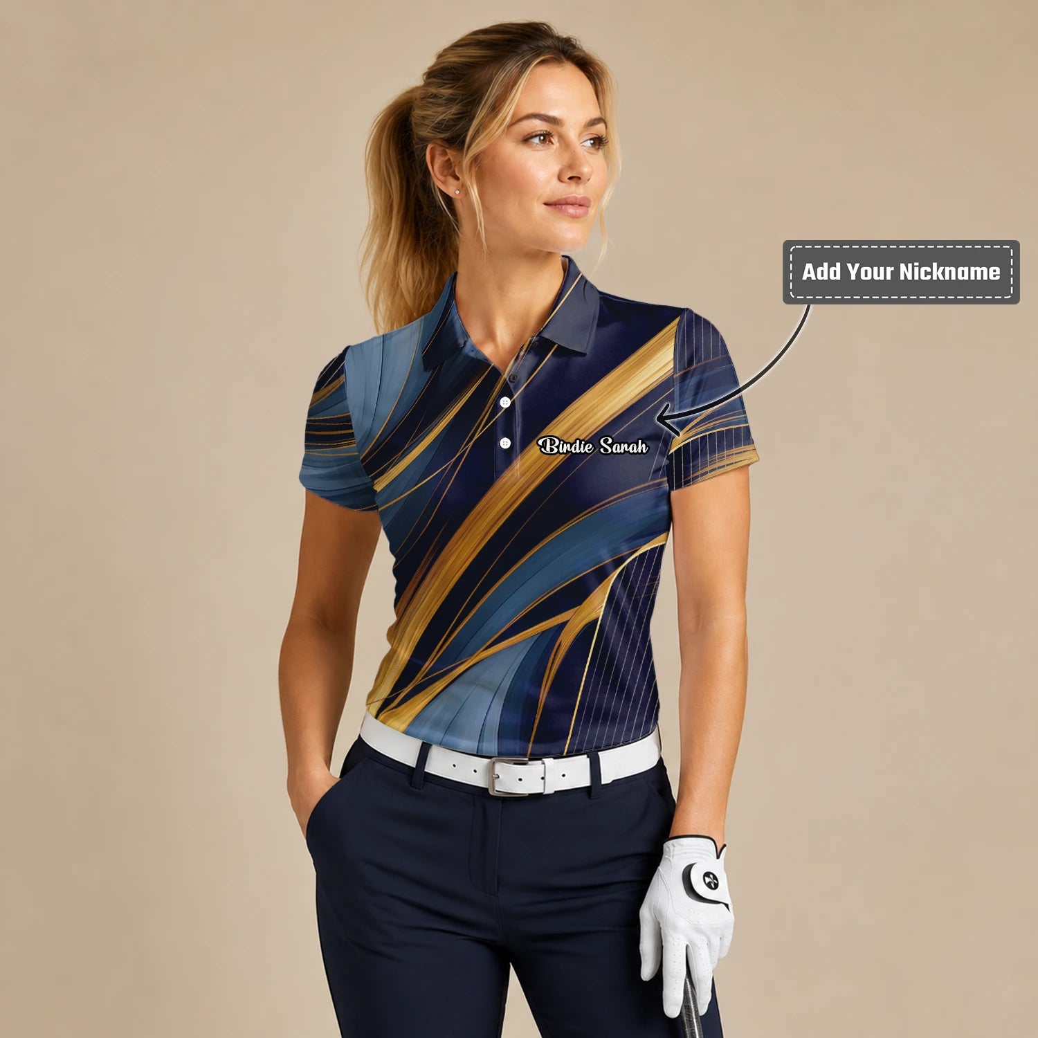 Personalised Navy Gold Abstract Ribbon Golf Polo Shirt For Women V6882