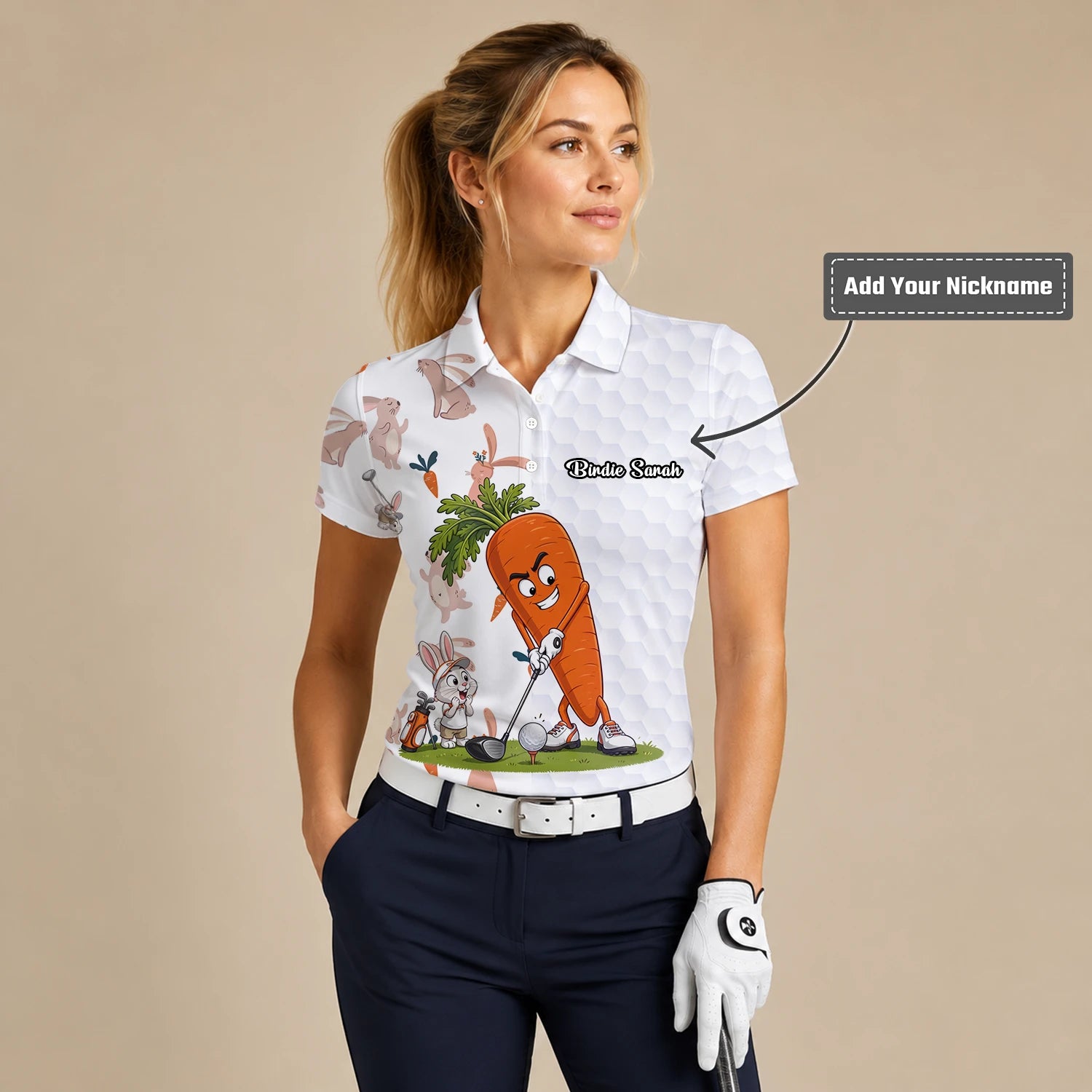 Personalised White Carrot Bunny Golfer Cartoon Golf Polo Shirt For Women Y6359