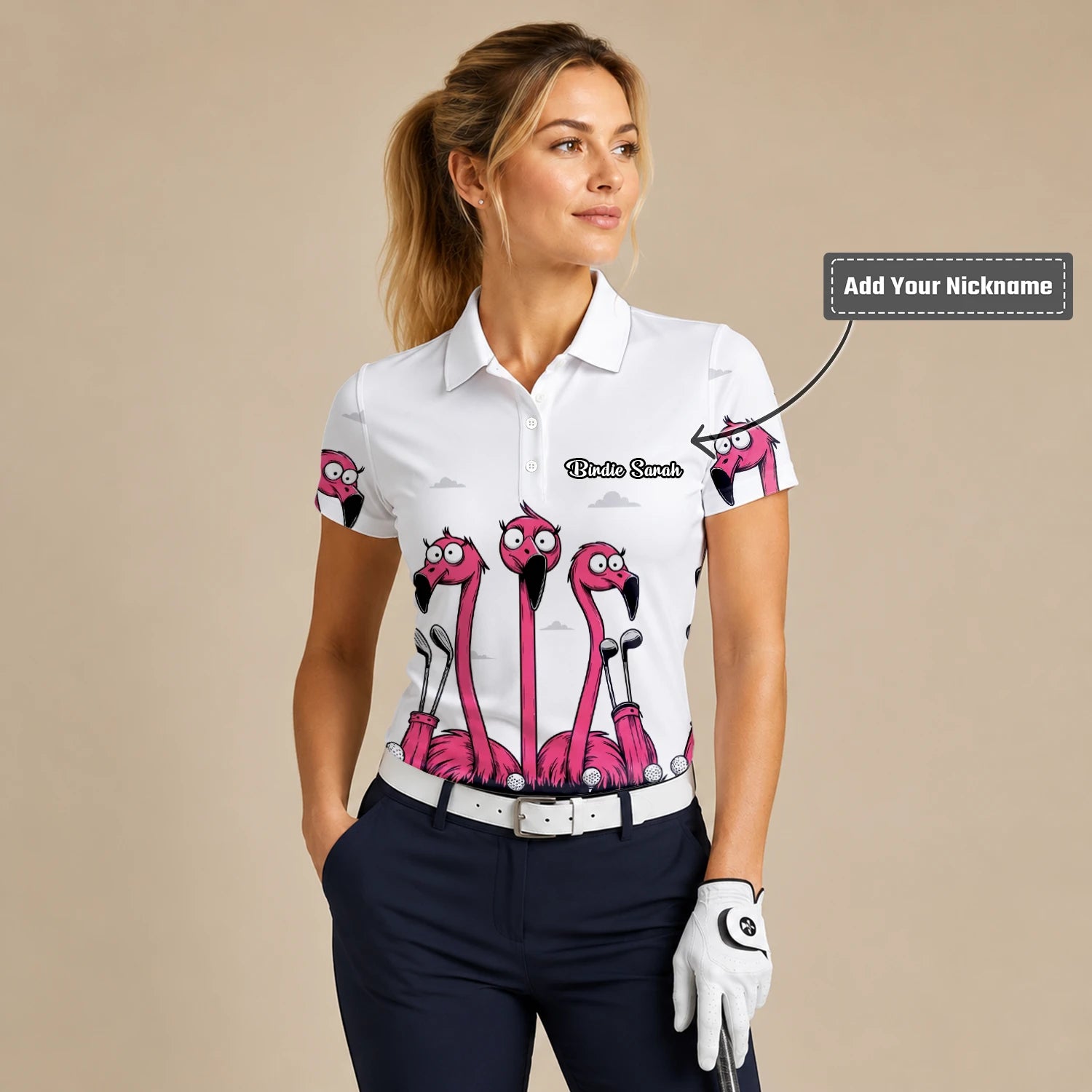 Personalised White Pink Flamingo Cartoon Golf Polo Shirt For Women I6113