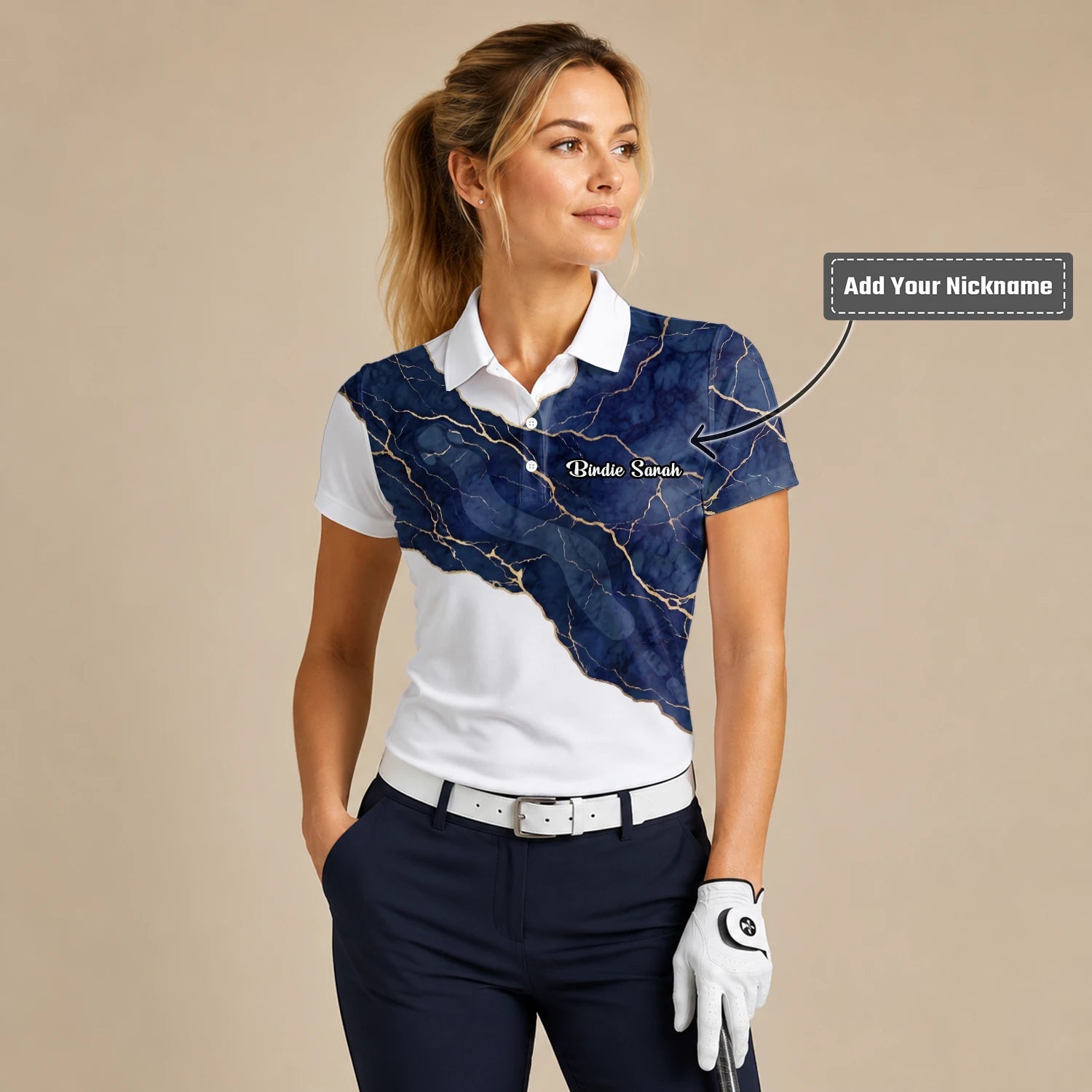 Personalised White Navy Marble Gold Vein Golf Polo Shirt For Women B4939