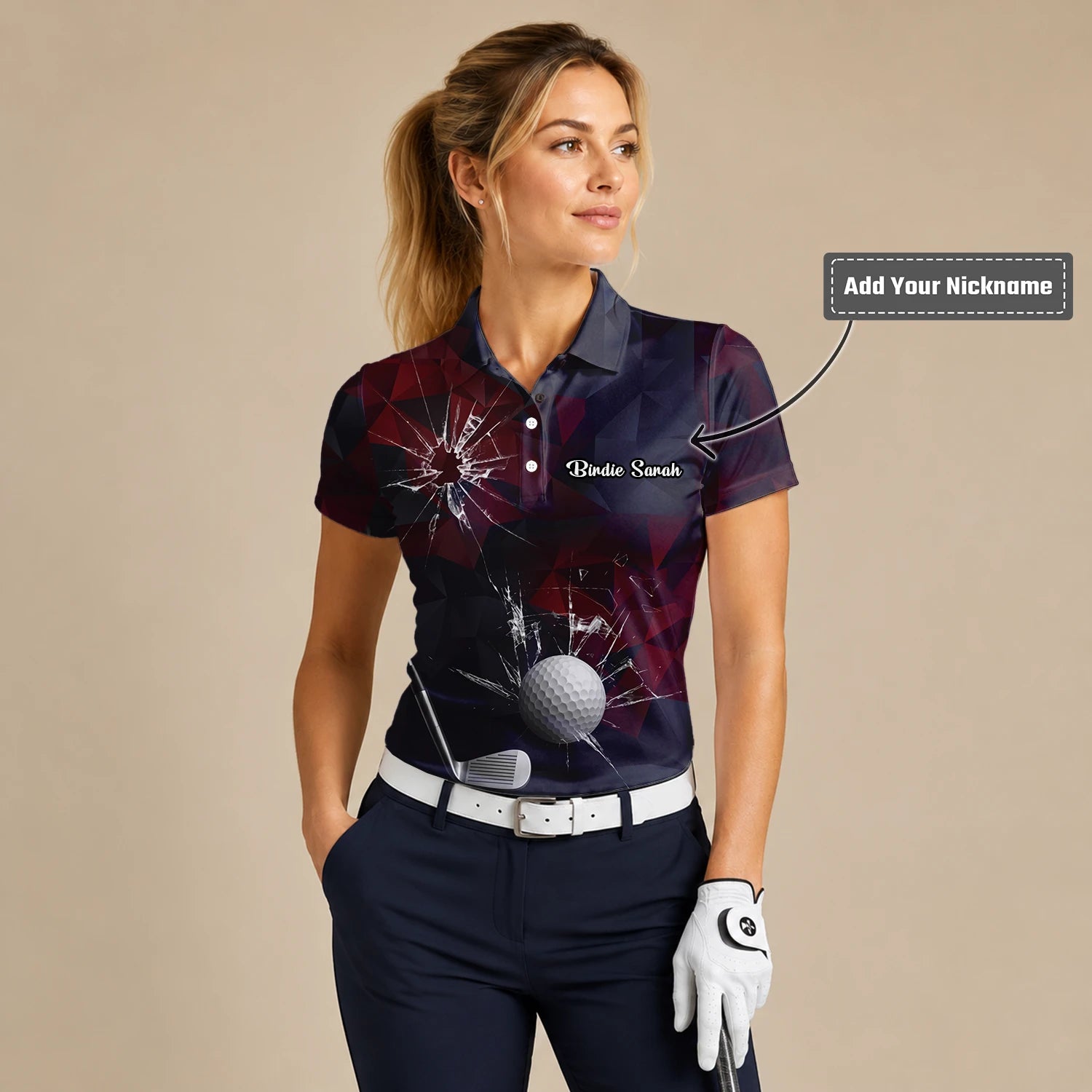Personalised Black Burgundy Shattered Glass Golf Ball Golf Polo Shirt For Women R4354