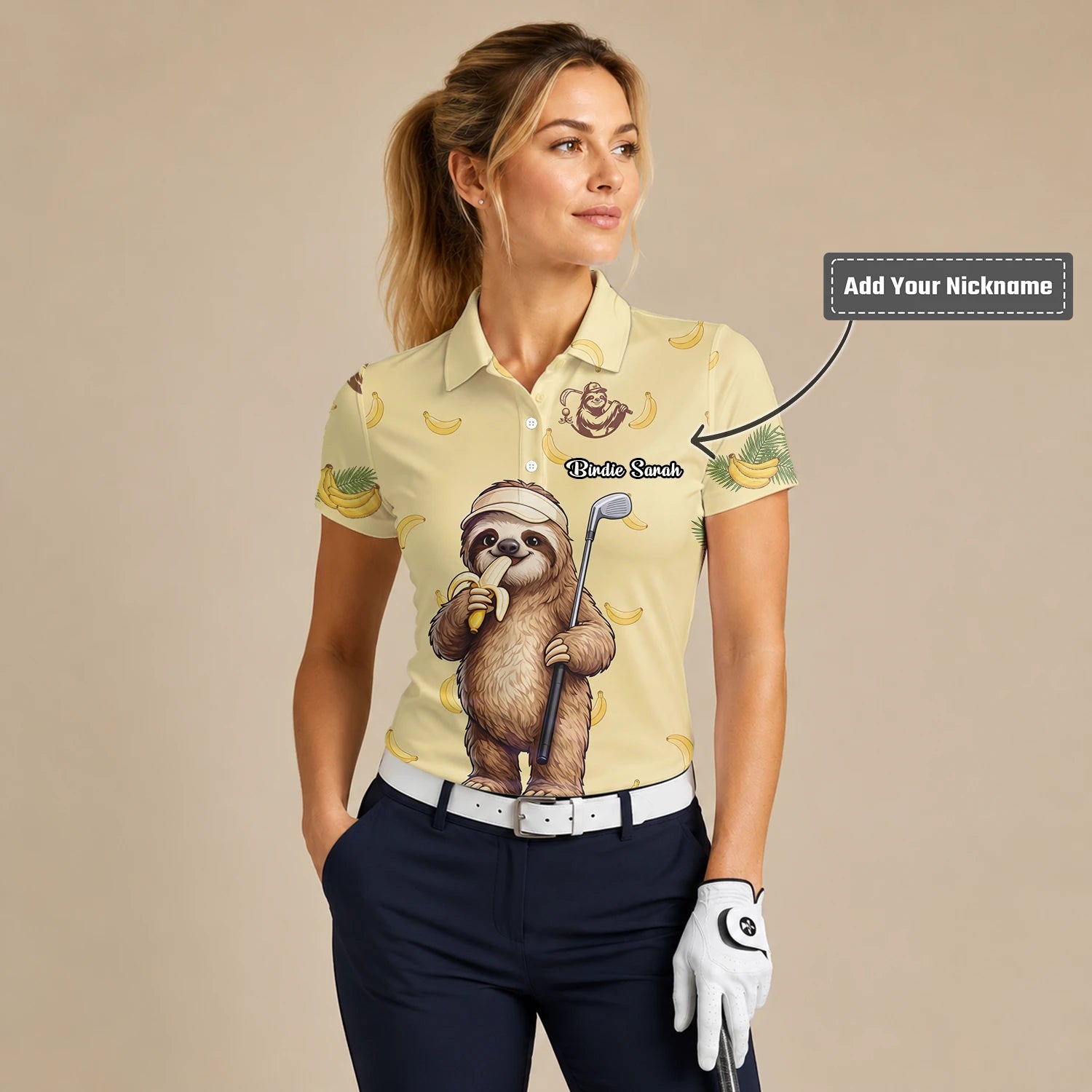 Personalised Pale Yellow Sloth Banana Golfer Cartoon Golf Polo Shirt For Women G3327
