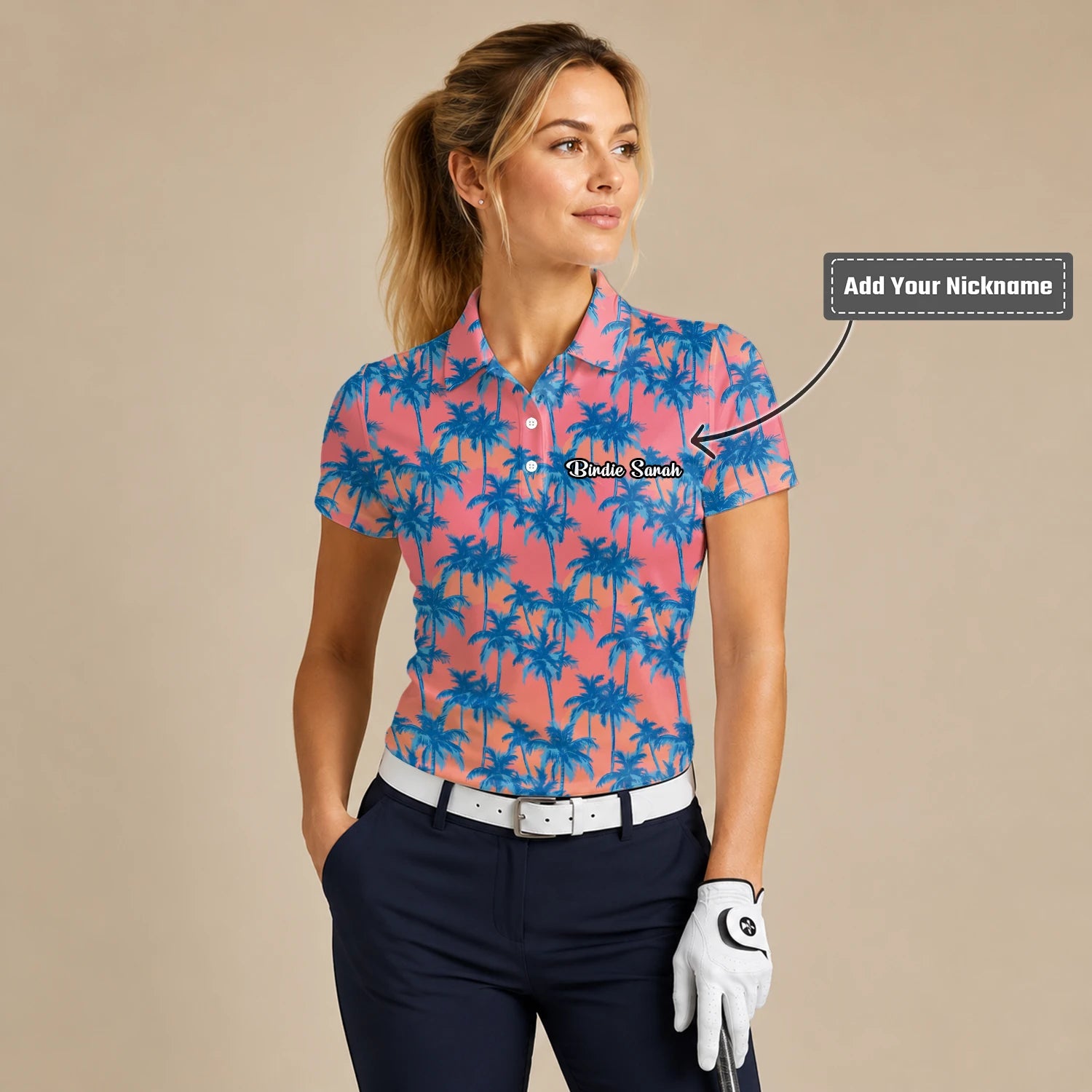 Personalised Coral Pink Blue Palm Tree Golf Polo Shirt For Women A5845