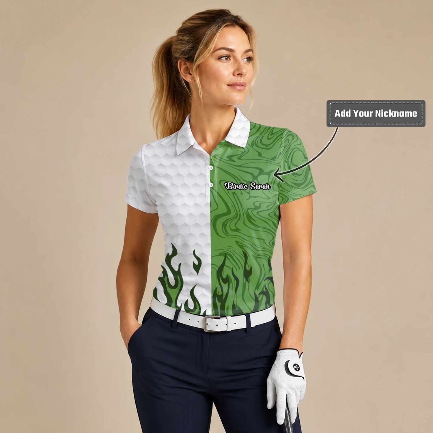Personalised White Green Flame Marble Golf Polo Shirt For Women D2353