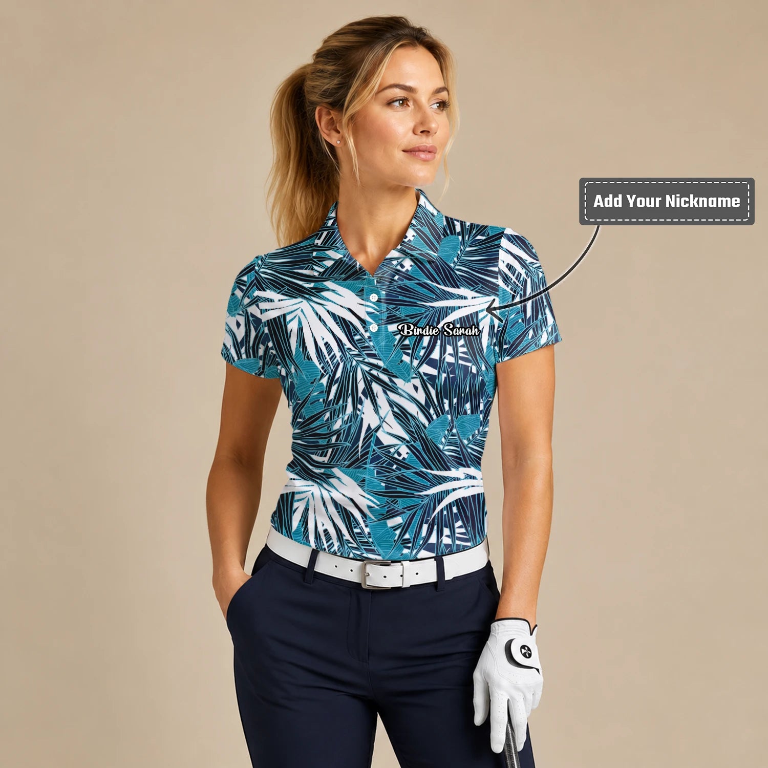 Personalised Teal Black White Palm Leaf Golf Polo Shirt For Women S8543