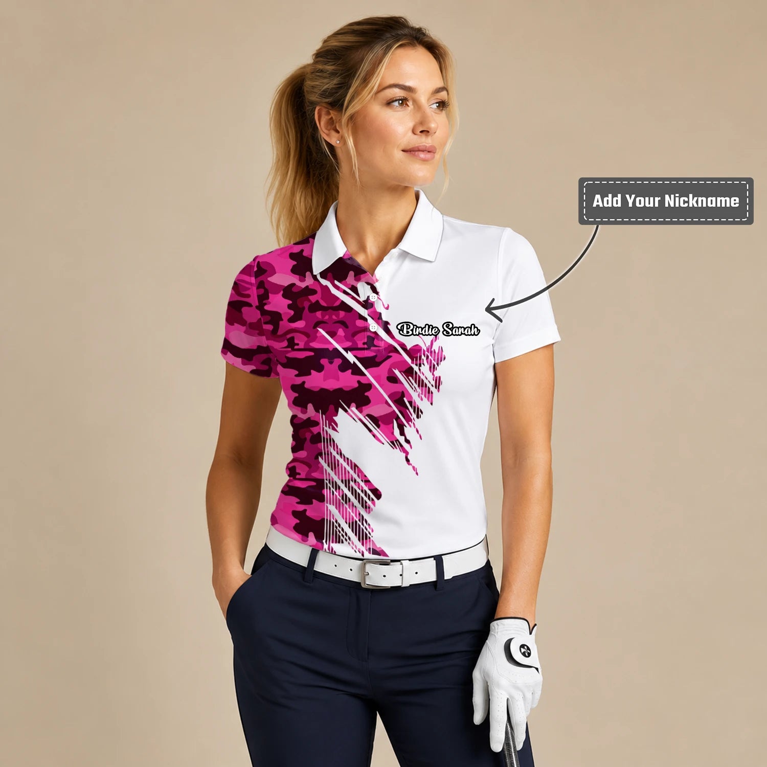 Personalised White Pink Camo Brush Stroke Golf Polo Shirt For Women S6501
