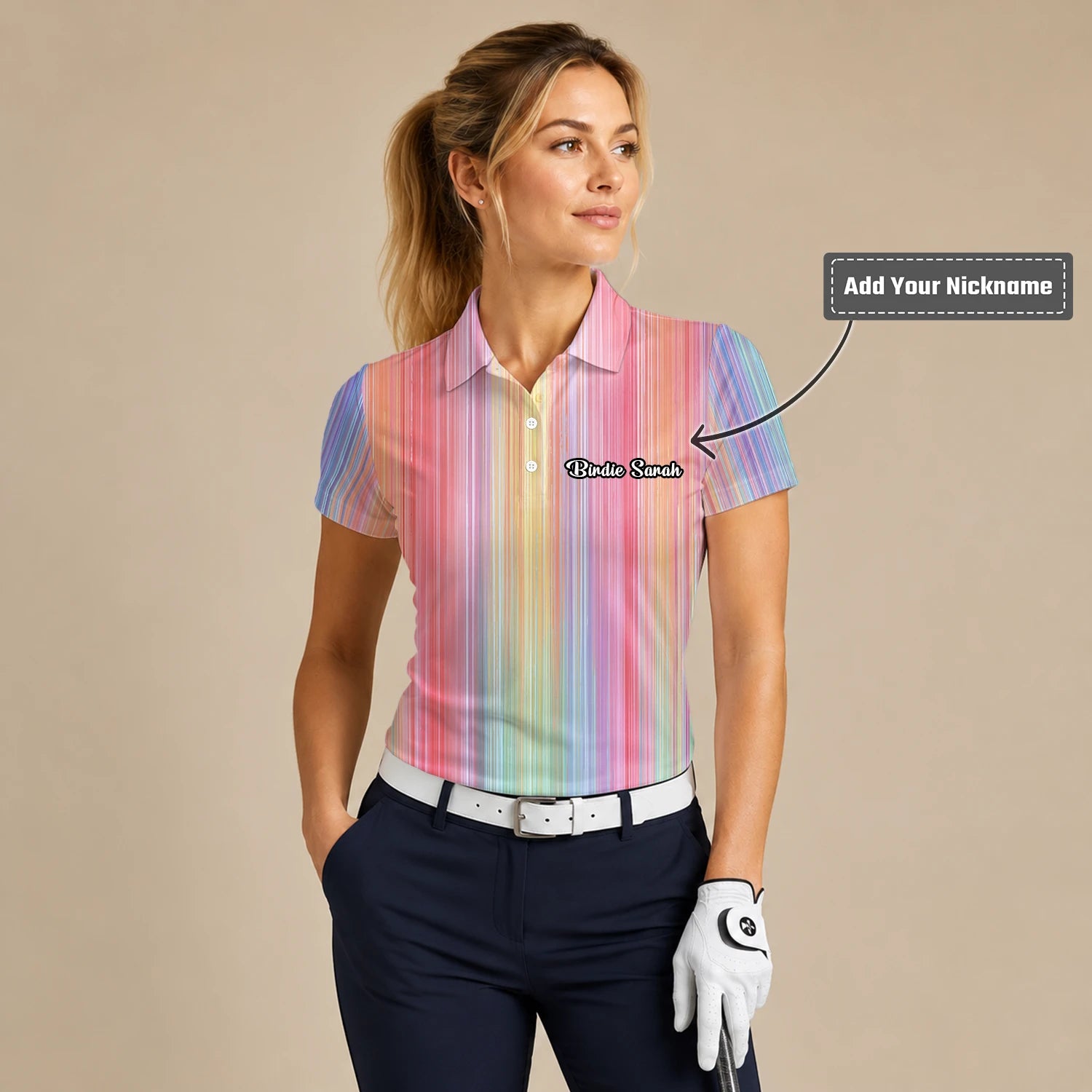Personalised Pastel Rainbow Stripe Golf Polo Shirt For Women C5307