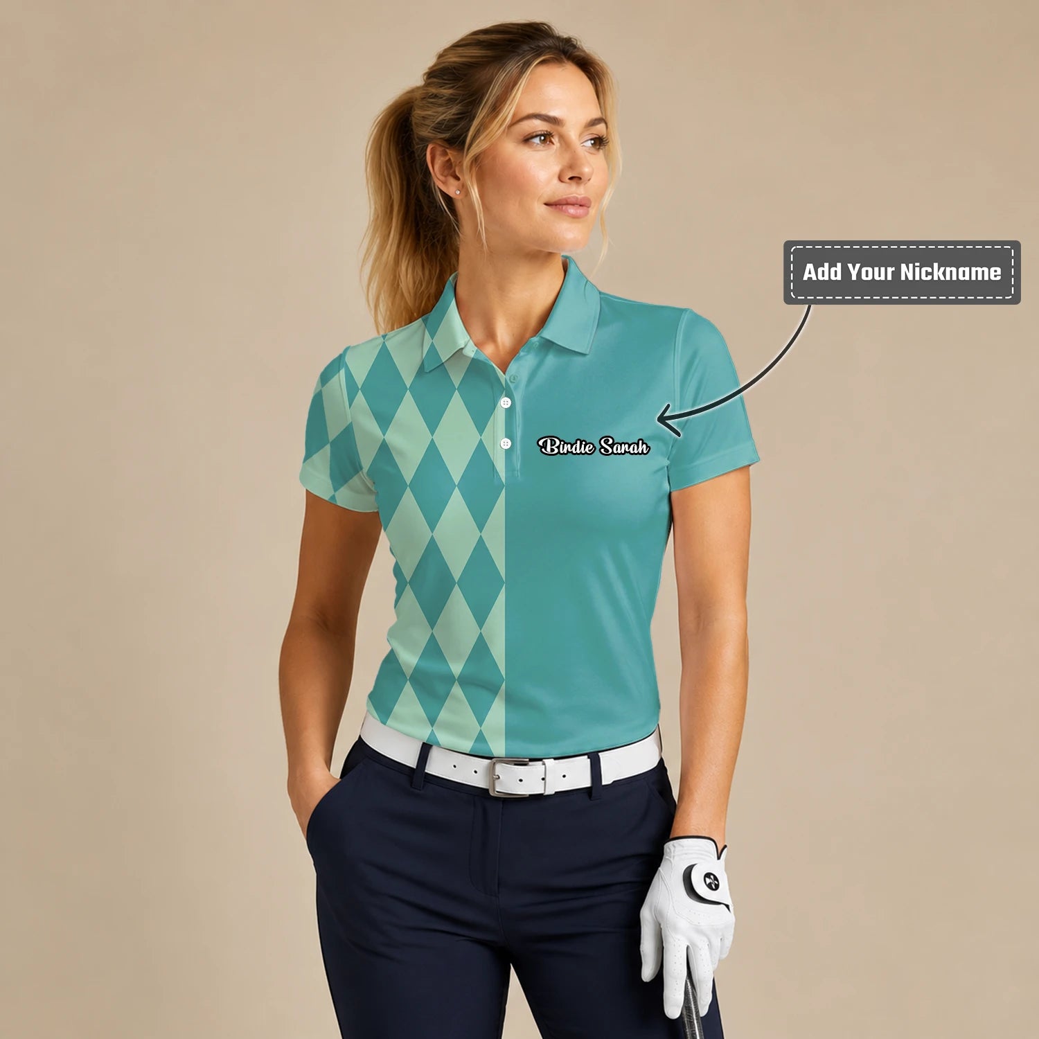 Personalised Teal Mint Argyle Golf Polo Shirt For Women A8483