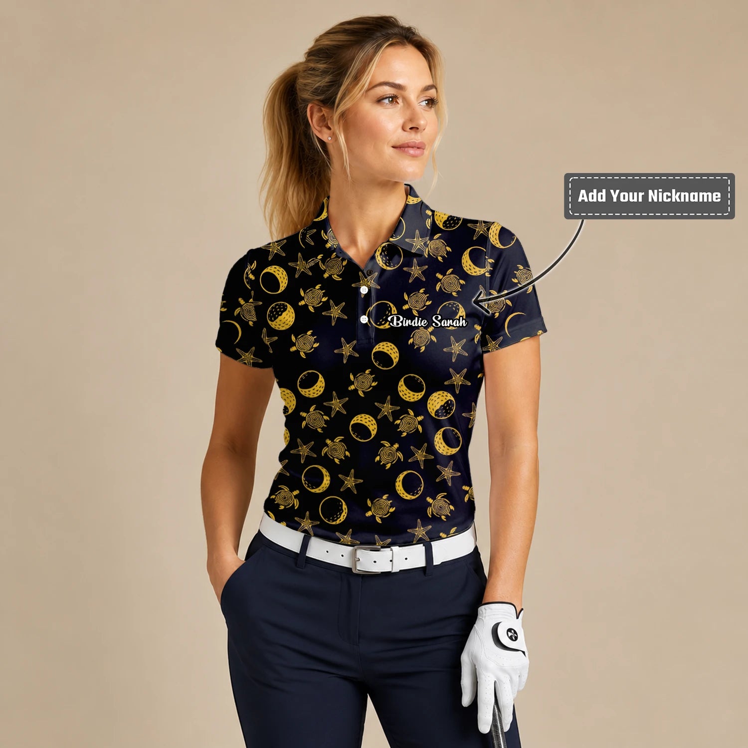 Personalised Black Gold Sea Turtle Moon Star Golf Polo Shirt For Women V4483