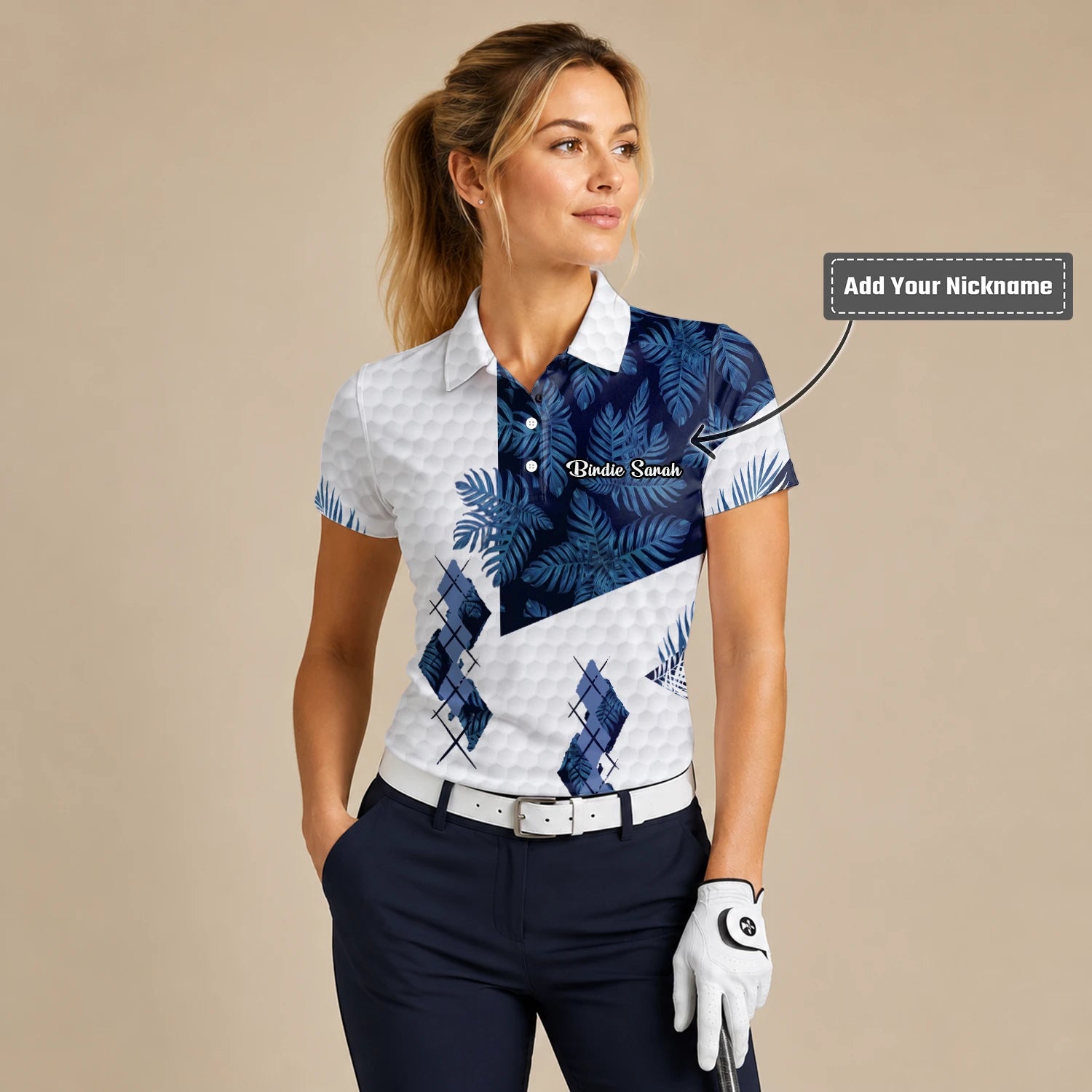 Personalised White Navy Tropical Leaf Argyle Golf Polo Shirt For Women D6549
