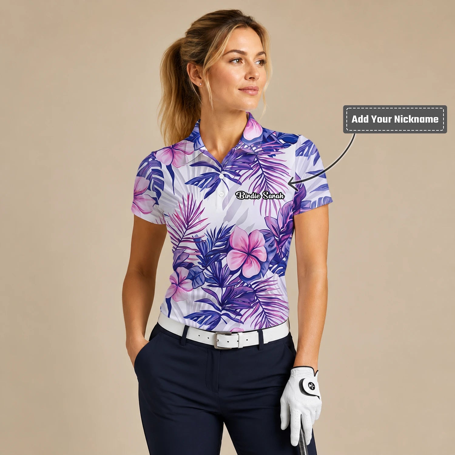 Personalised White Purple Tropical Hibiscus Leaf Golf Polo Shirt For Women H1054