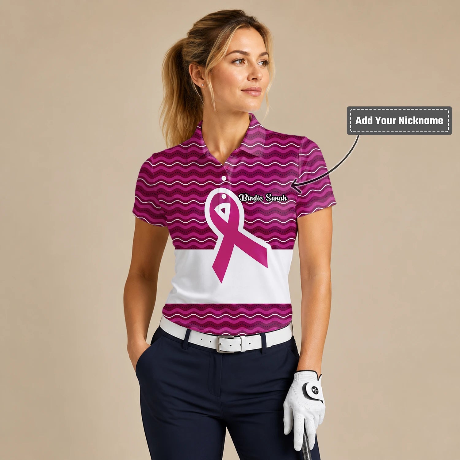 Personalised Pink Breast Cancer Awareness Ribbon Wave Golf Polo Shirt For Women B1640