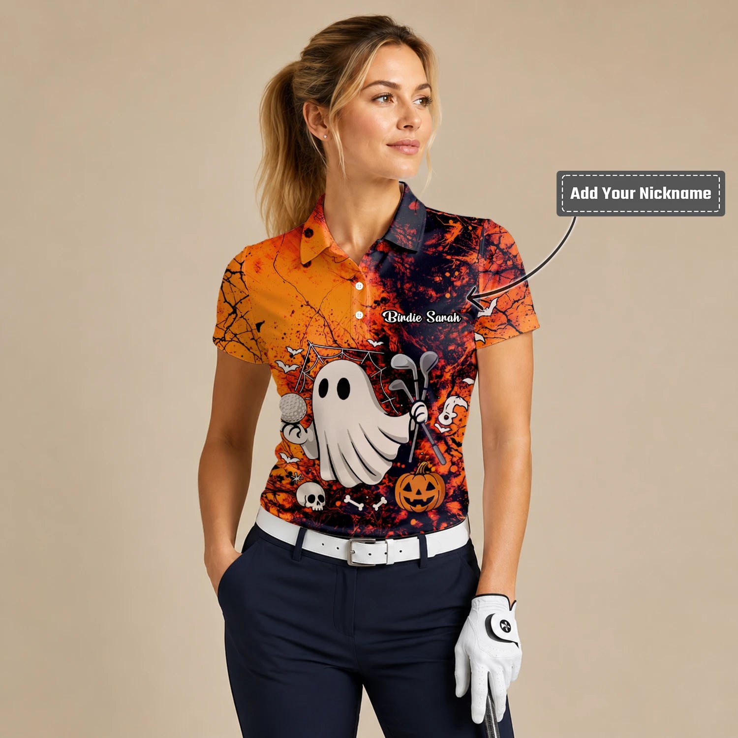 Personalised Orange Halloween Ghost Golfer Golf Polo Shirt For Women M0695