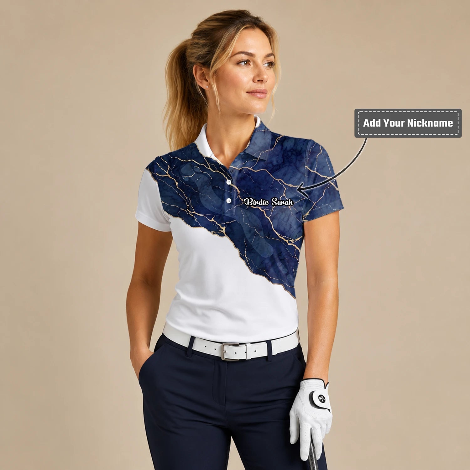 Personalised White Navy Marble Gold Vein Golf Polo Shirt For Women B4939