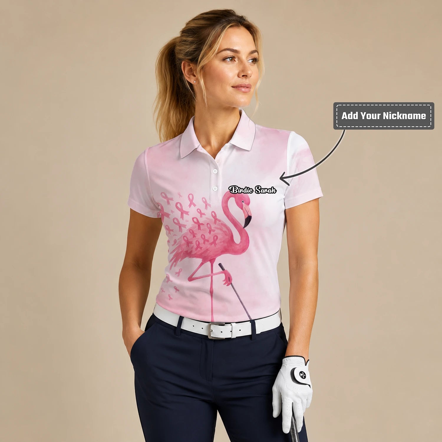 Personalised Pink Flamingo Golfer Breast Cancer Ribbon Golf Polo Shirt For Women R9354