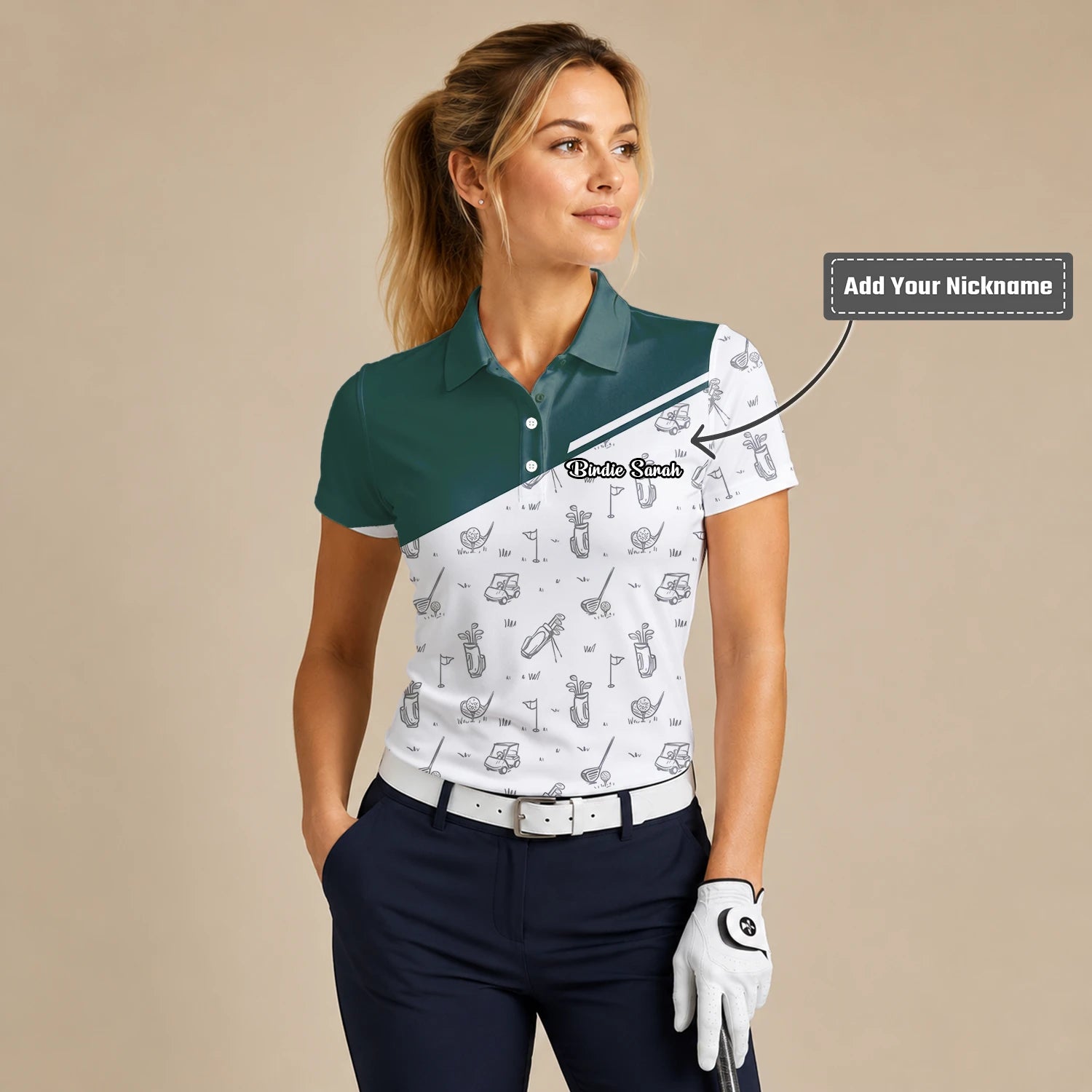Personalised Green White Golf Club Sketch Golf Polo Shirt For Women L9936
