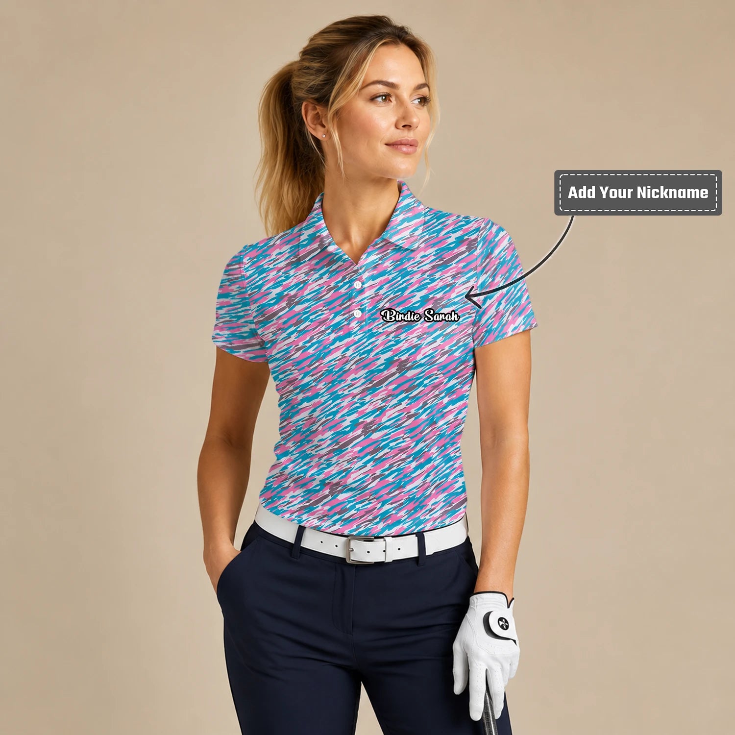 Personalised Pink Teal Abstract Speckle Golf Polo Shirt For Women S1159